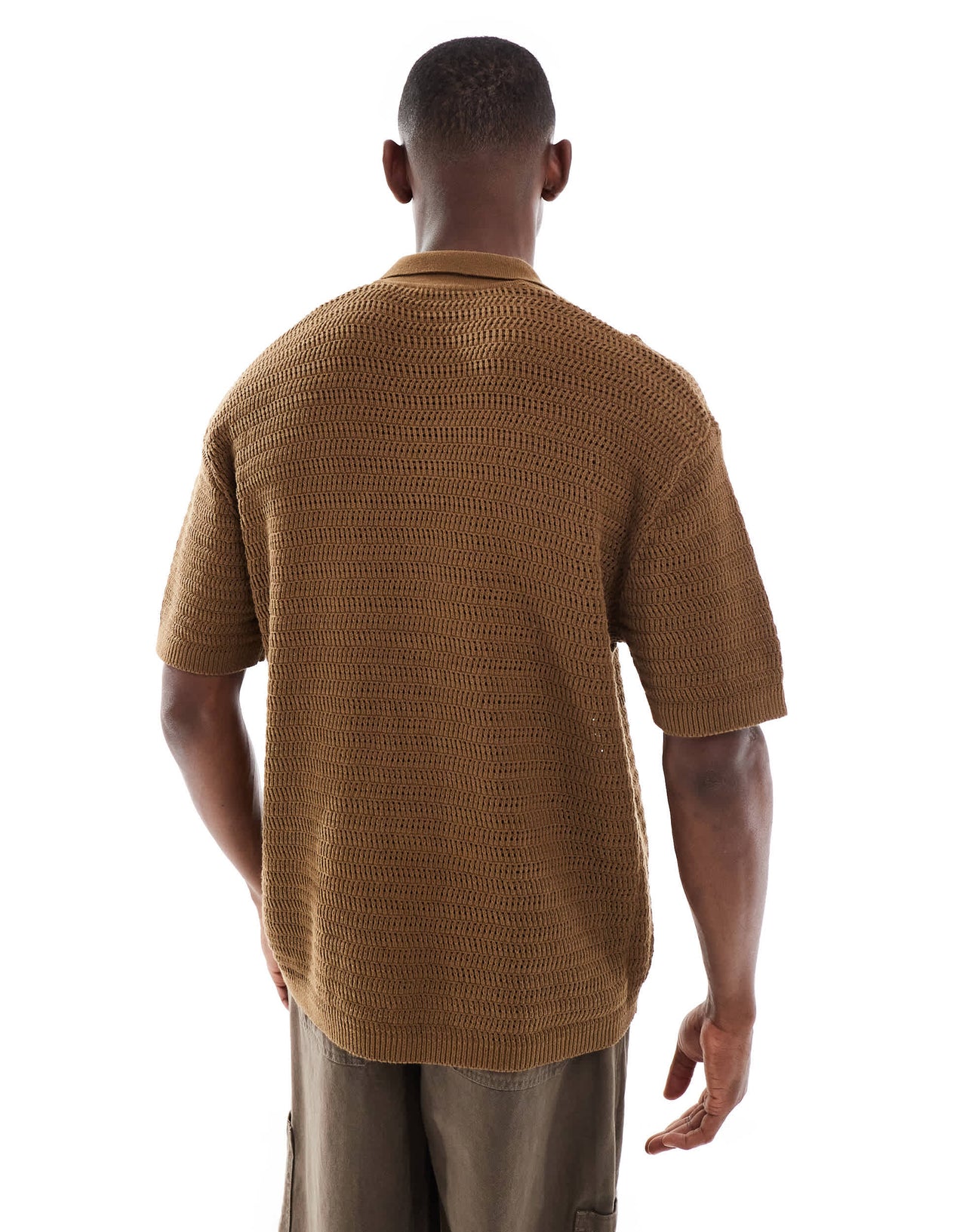 ONLY & SONS relaxed fit crochet shirt with revere collar in brown