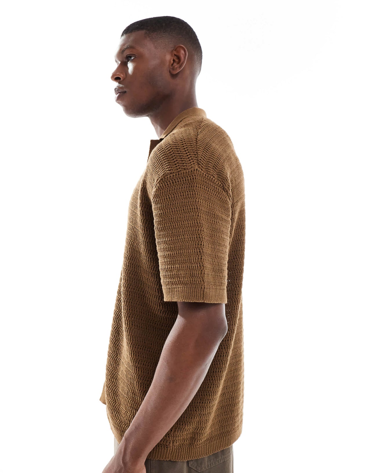 ONLY & SONS relaxed fit crochet shirt with revere collar in brown