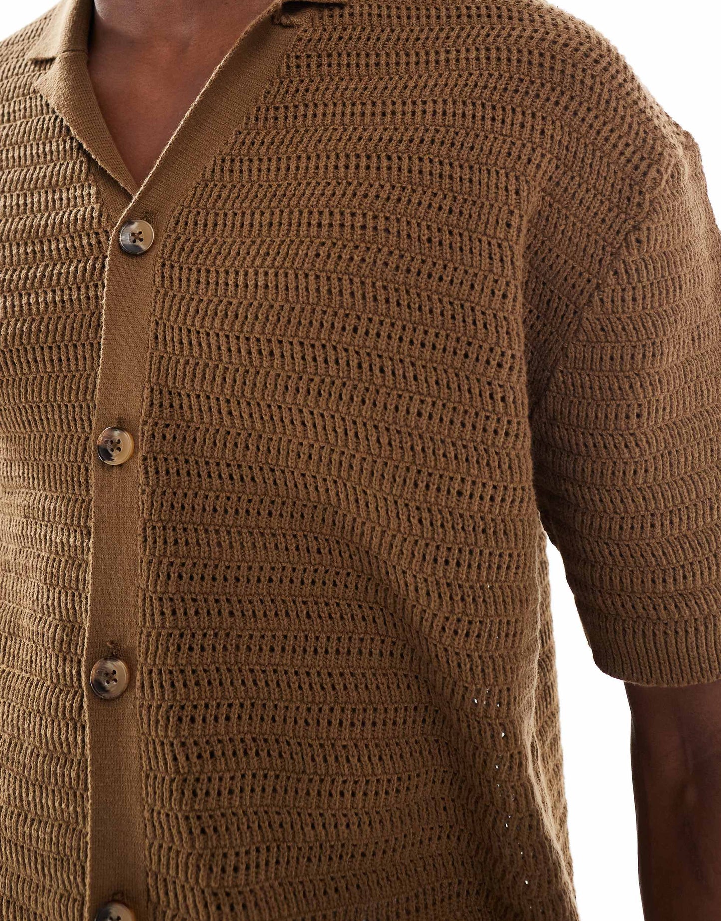 ONLY & SONS relaxed fit crochet shirt with revere collar in brown