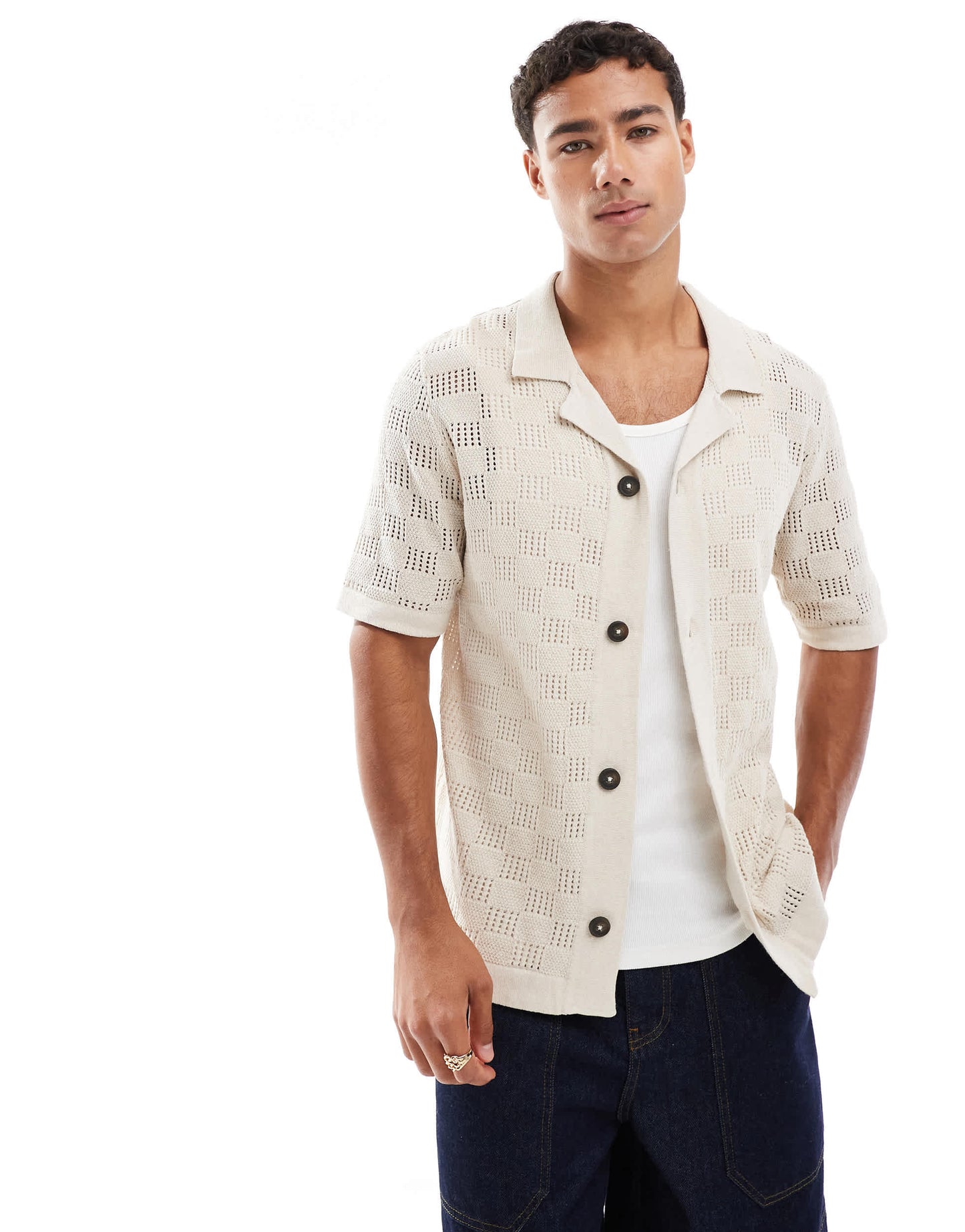 ONLY & SONS check crochet shirt in beige