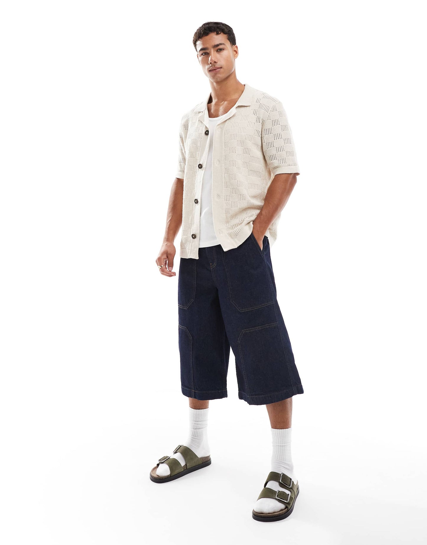 ONLY & SONS check crochet shirt in beige