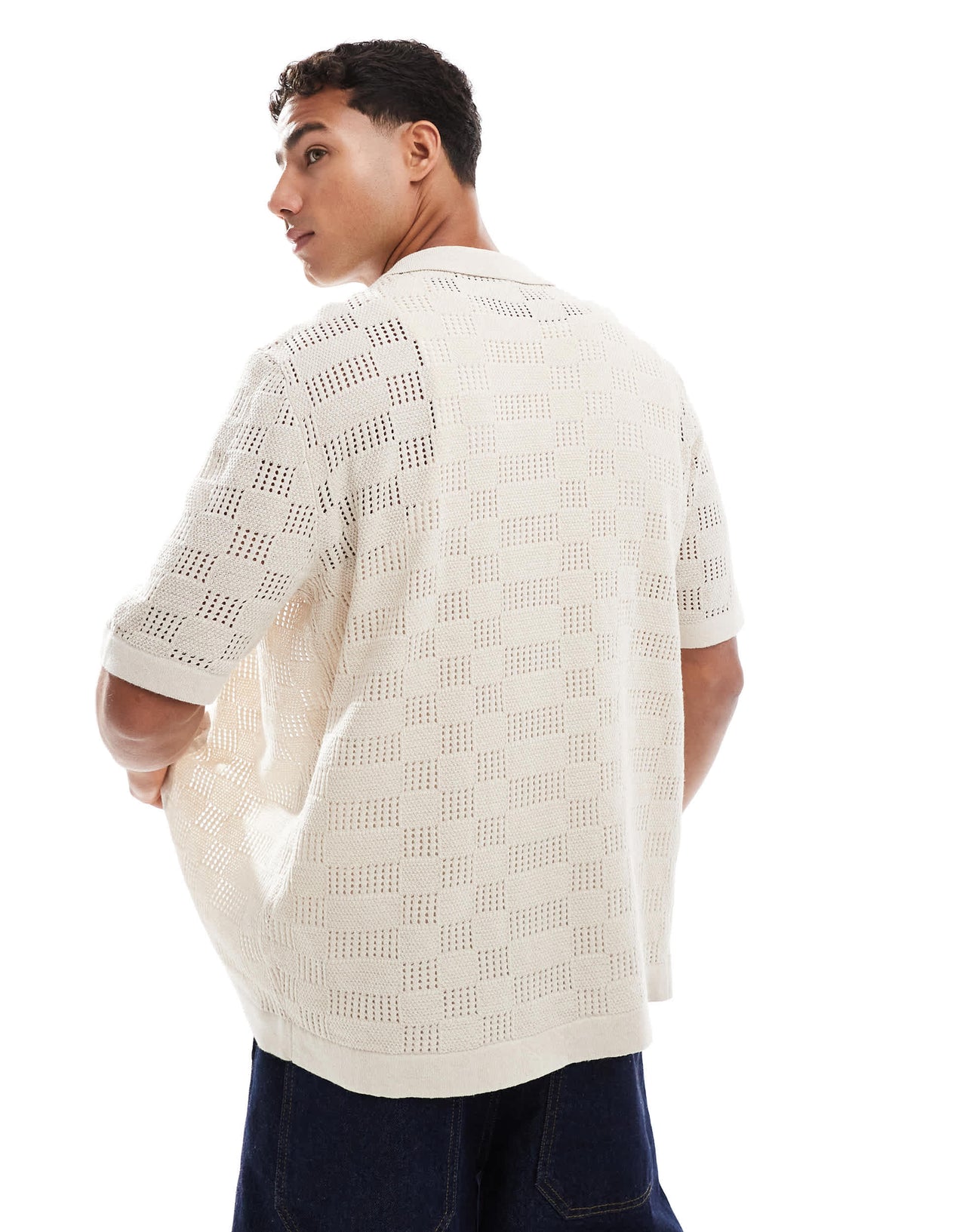 ONLY & SONS check crochet shirt in beige