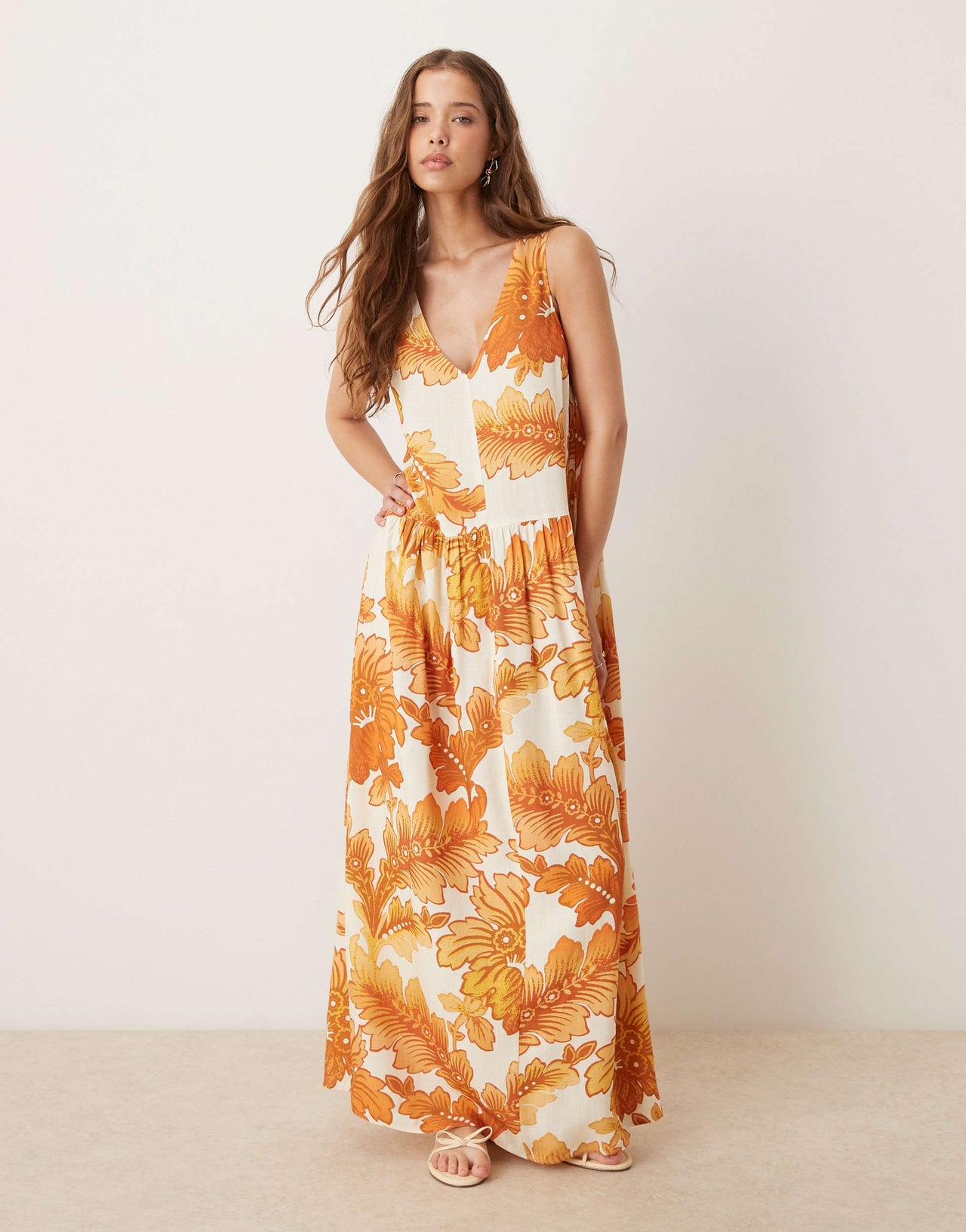 ASOS DESIGN halter neck linen drop waist maxi dress in orange print