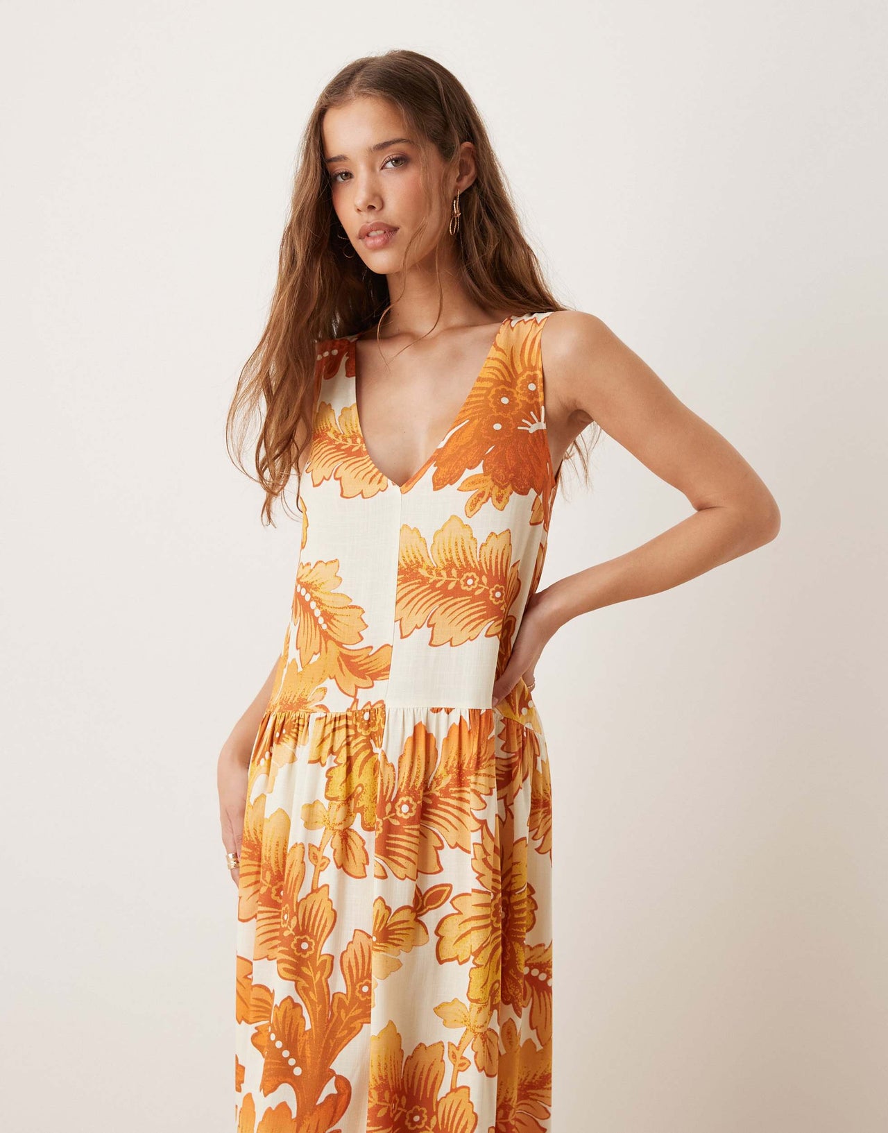ASOS DESIGN halter neck linen drop waist maxi dress in orange print