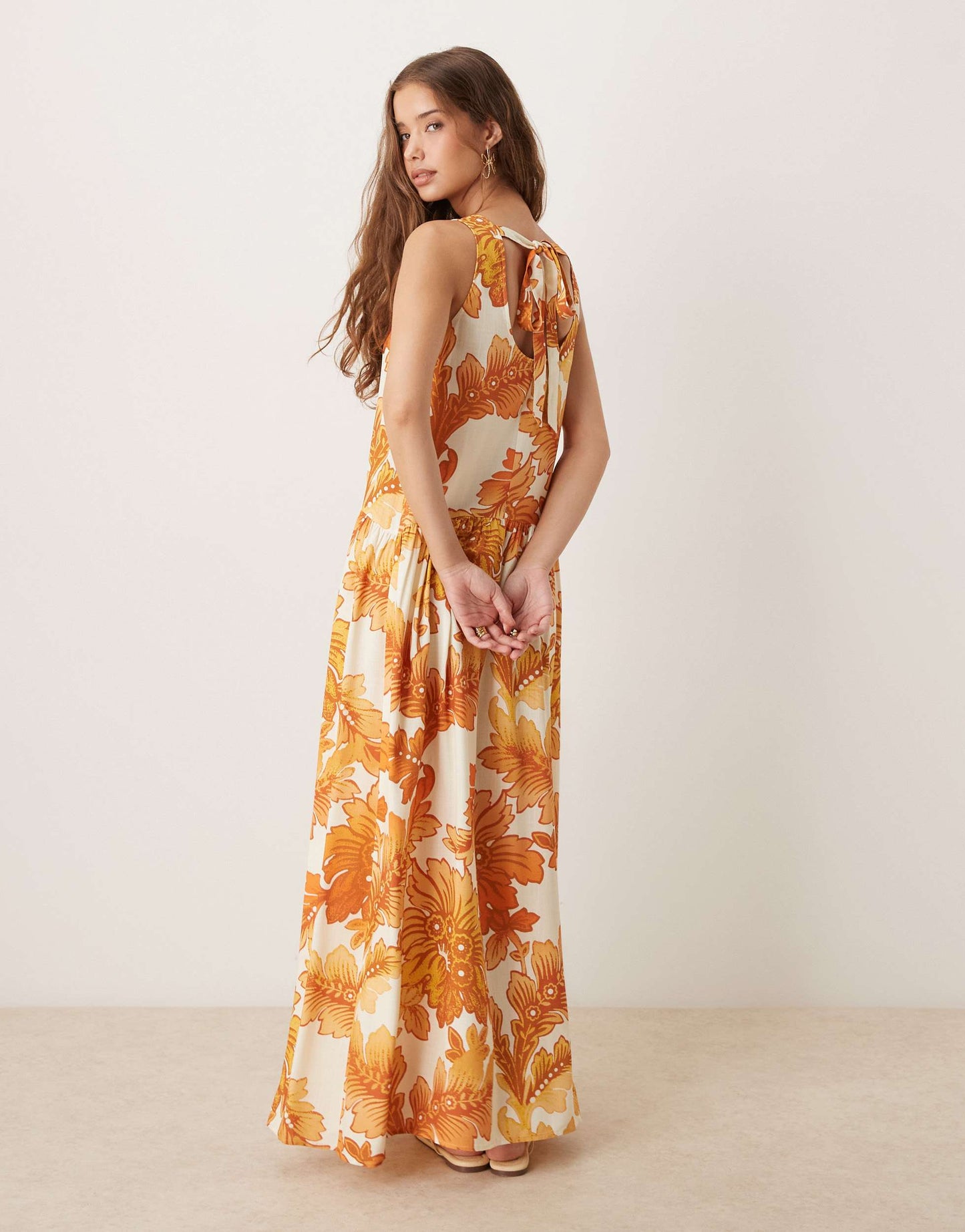 ASOS DESIGN halter neck linen drop waist maxi dress in orange print