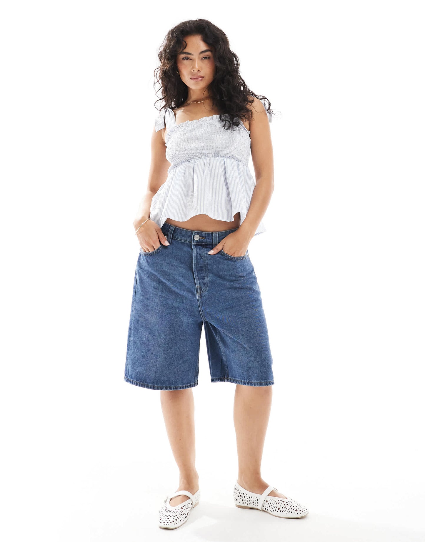 Brave Soul cotton mix strappy cami top with shirring in blue and white stripe