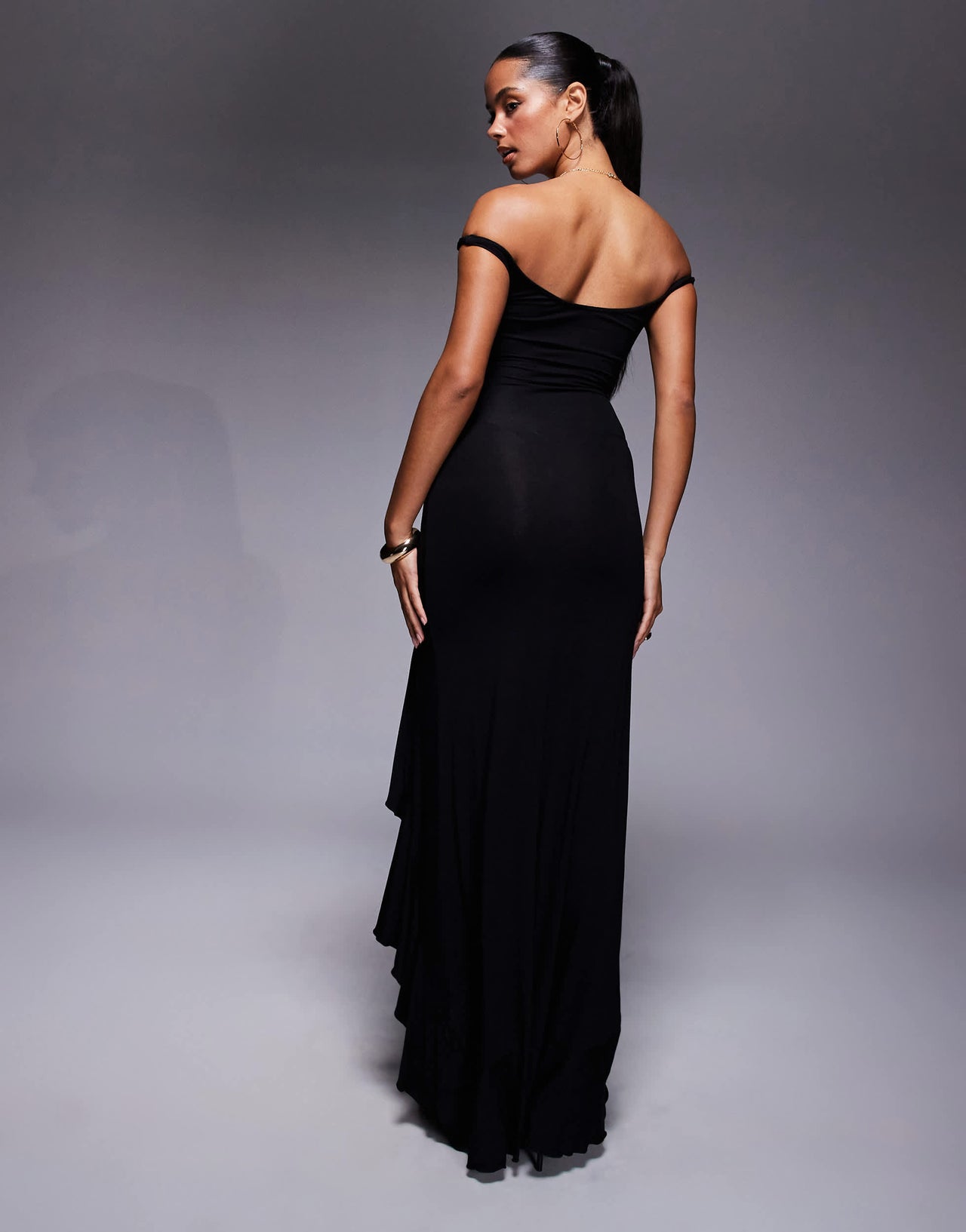 ASOS DESIGN twist off shoulder frill hem maxi dress in black