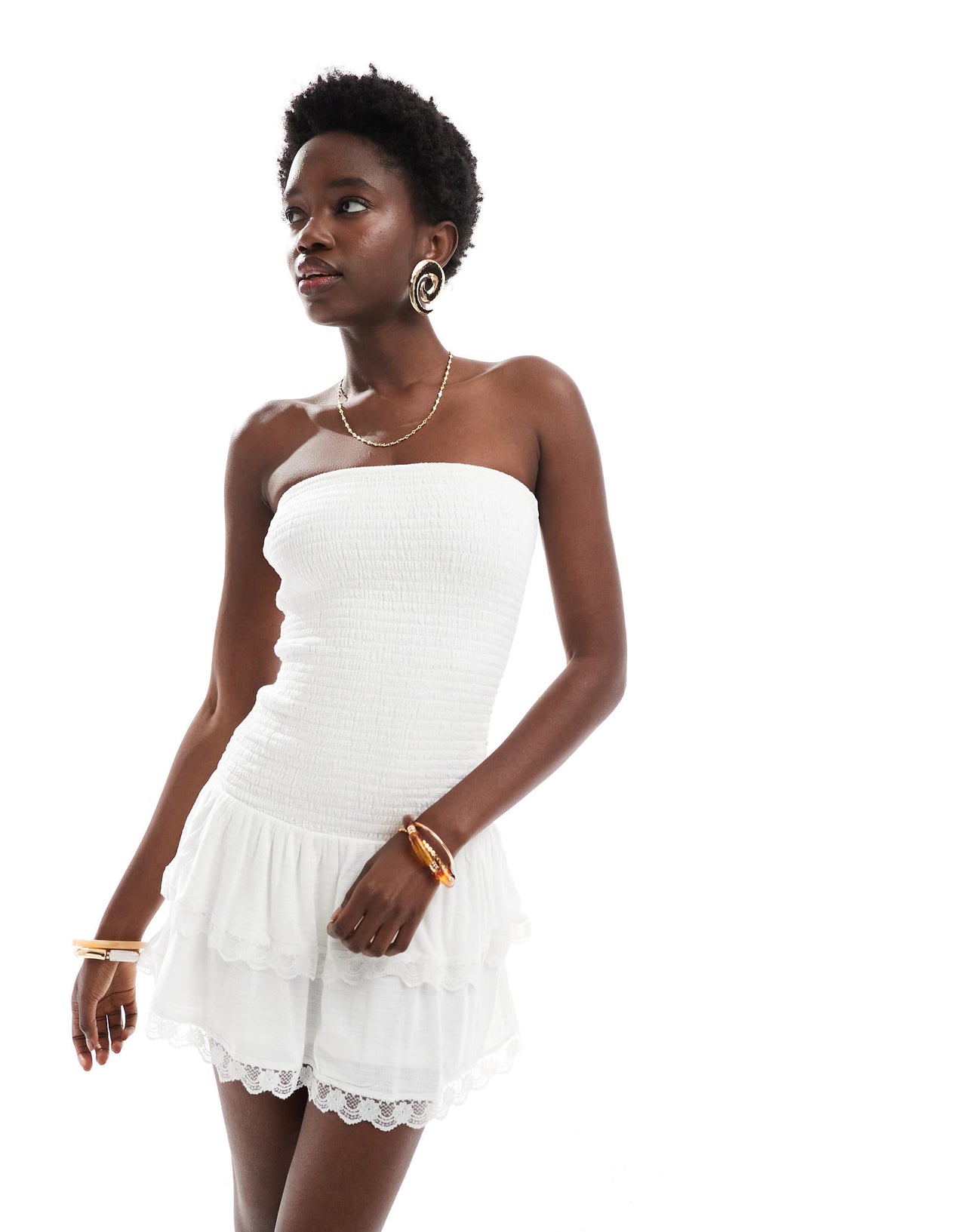 Bershka lace trim ruffle tiered mini dress in ecru floral print