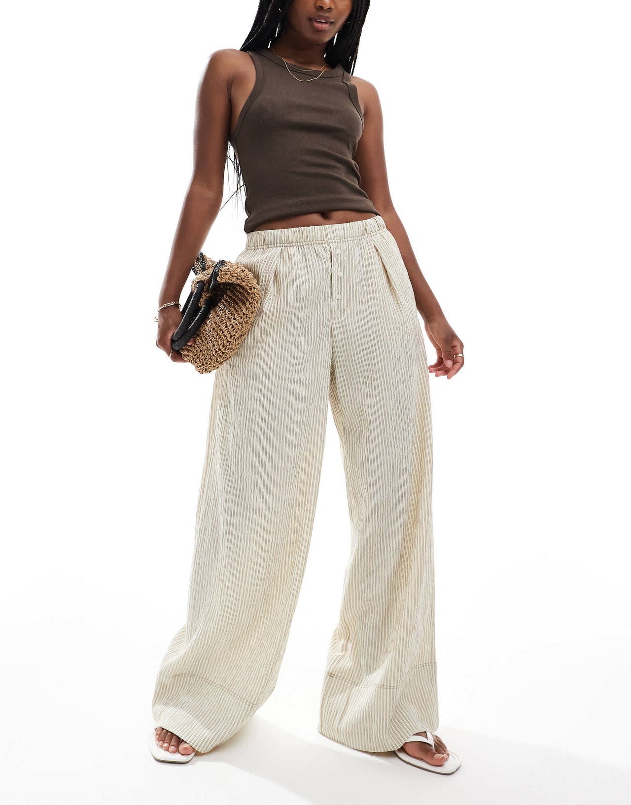 Bershka wide leg seersucker trousers in sand stripe