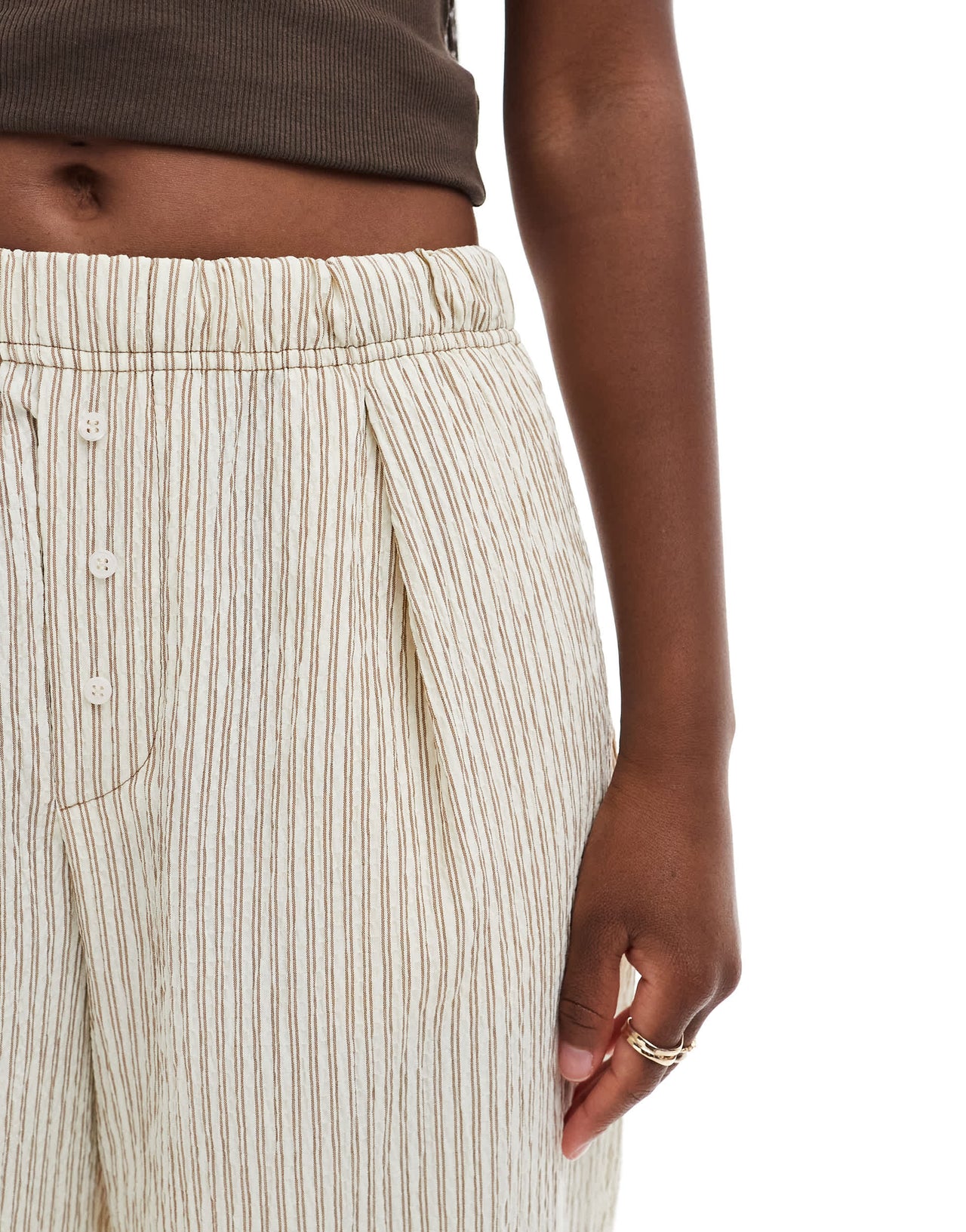 Bershka wide leg seersucker trousers in sand stripe