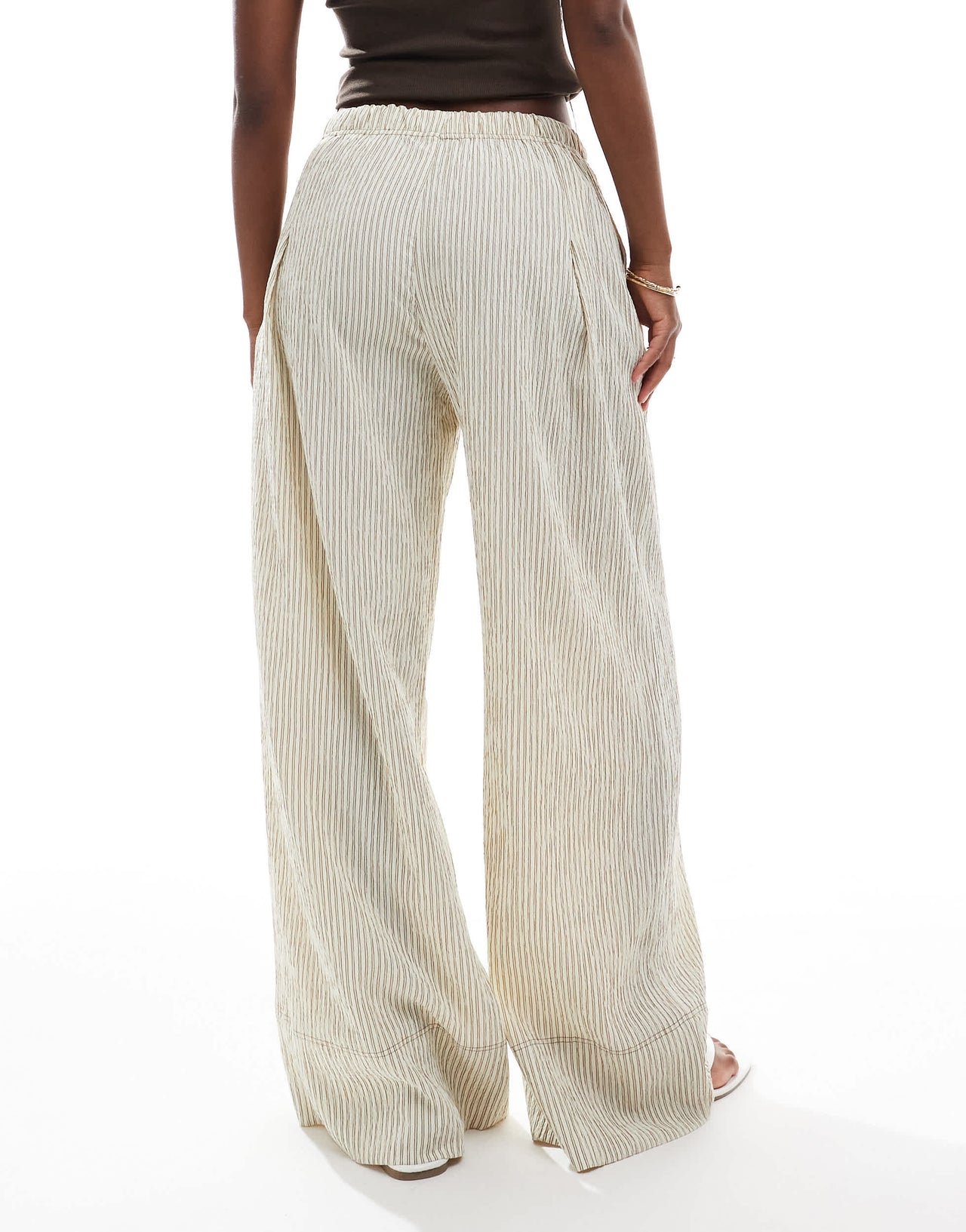Bershka wide leg seersucker trousers in sand stripe