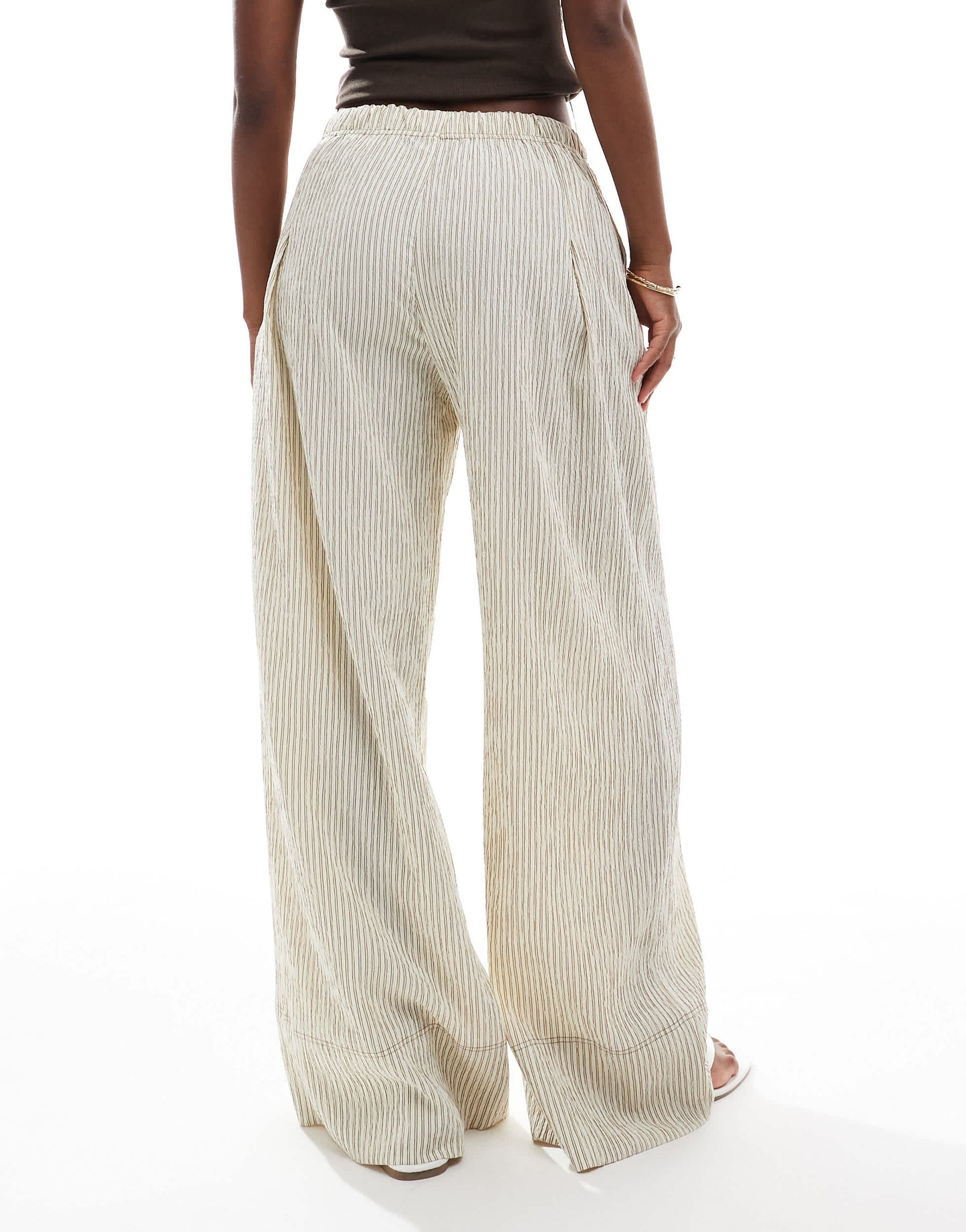 Bershka wide leg seersucker trousers in sand stripe