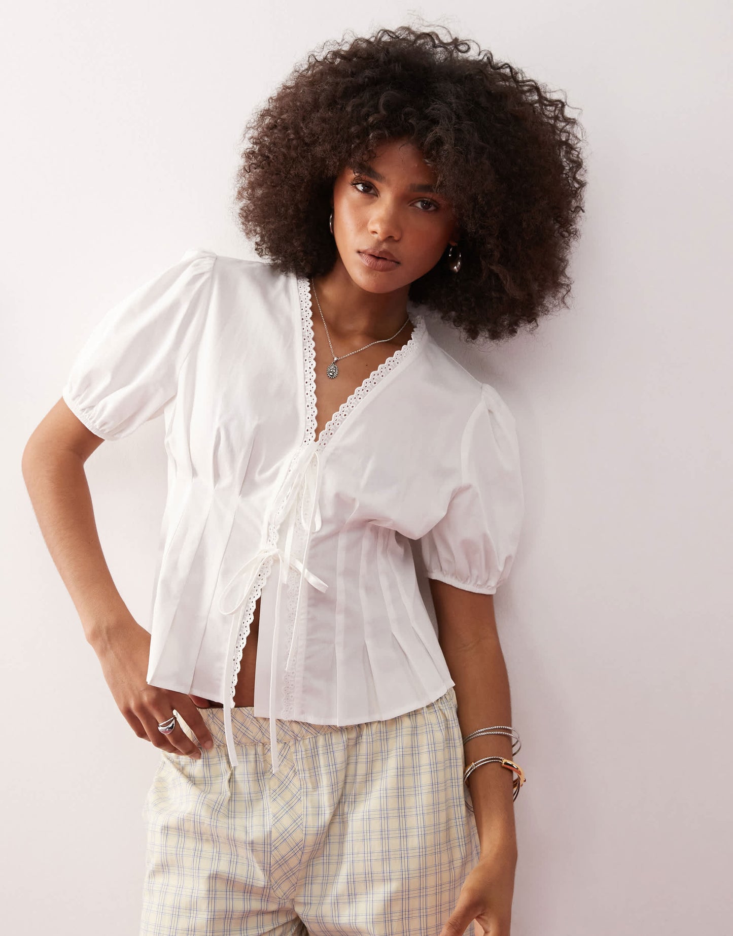 COLLUSION tie front puff sleeve top with cinched waist