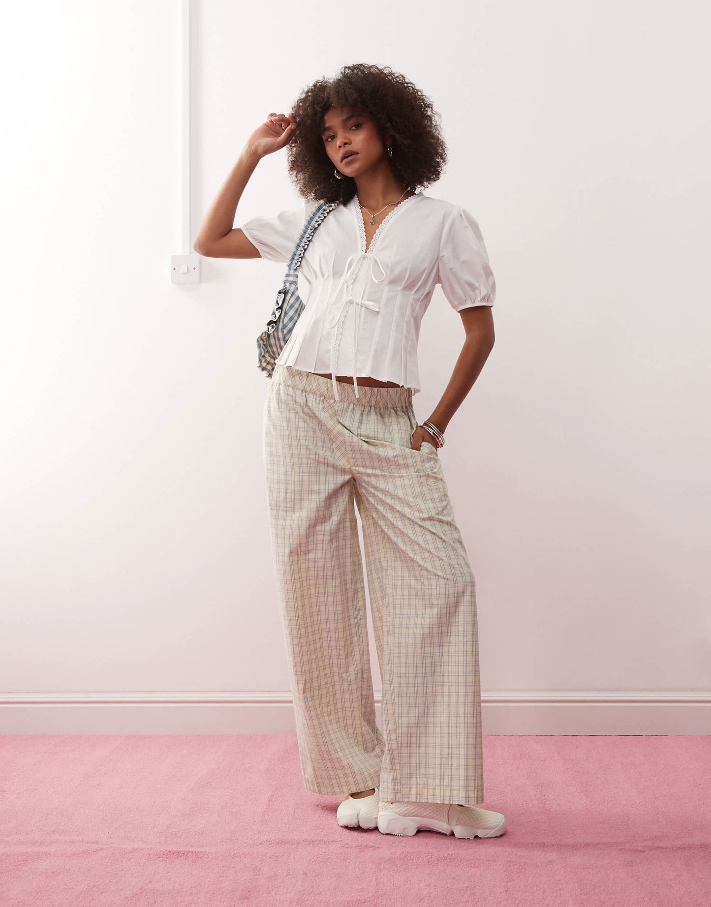COLLUSION tie front puff sleeve top with cinched waist