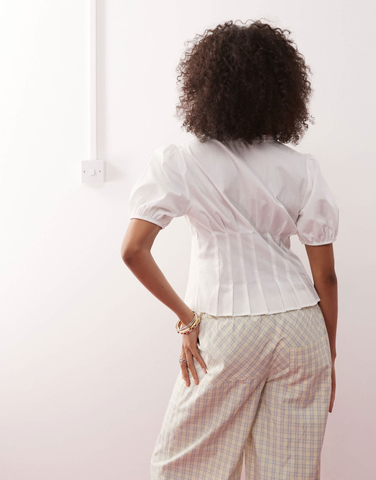 COLLUSION tie front puff sleeve top with cinched waist