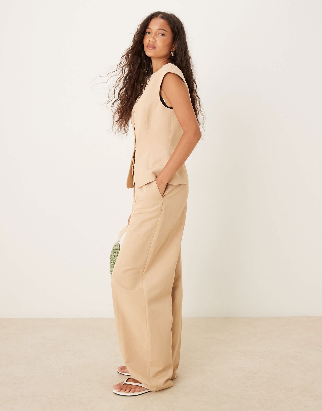 ASOS DESIGN linen blend tailored barrel leg trouser in neutral