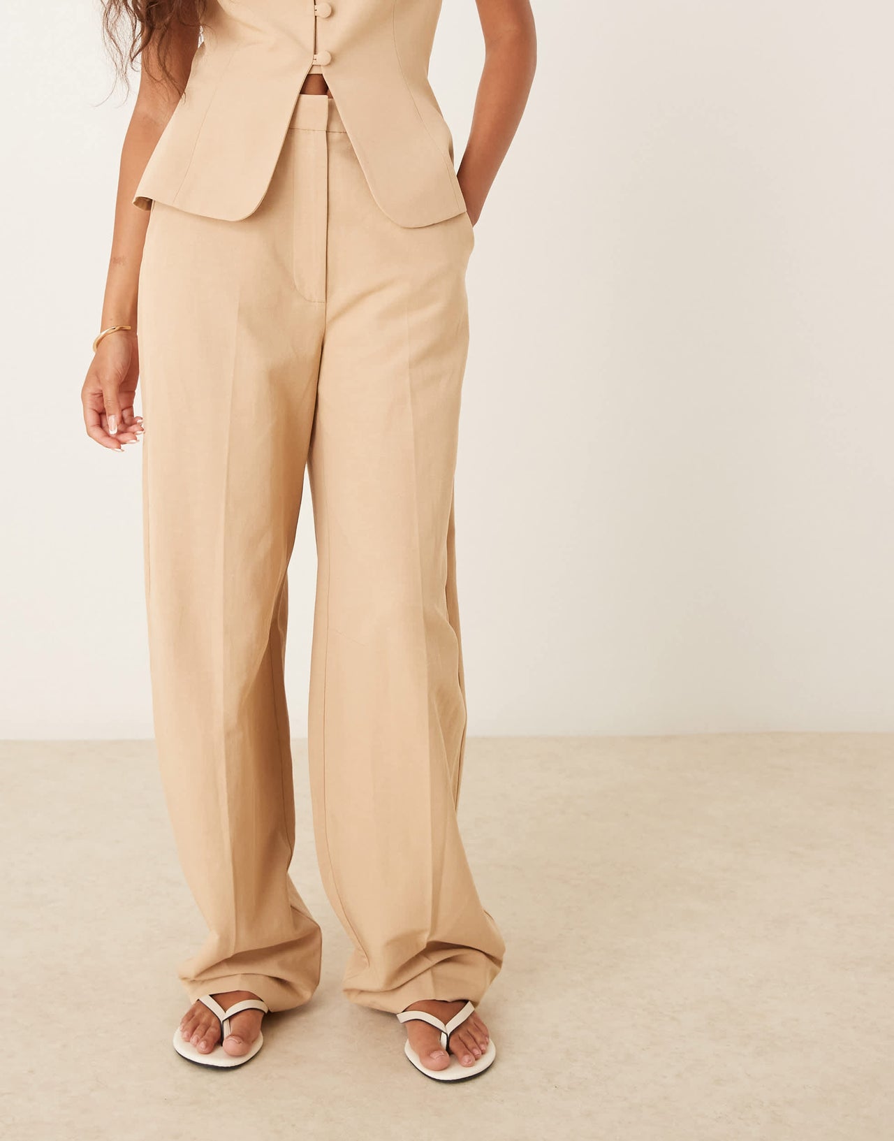 ASOS DESIGN linen blend tailored barrel leg trouser in neutral