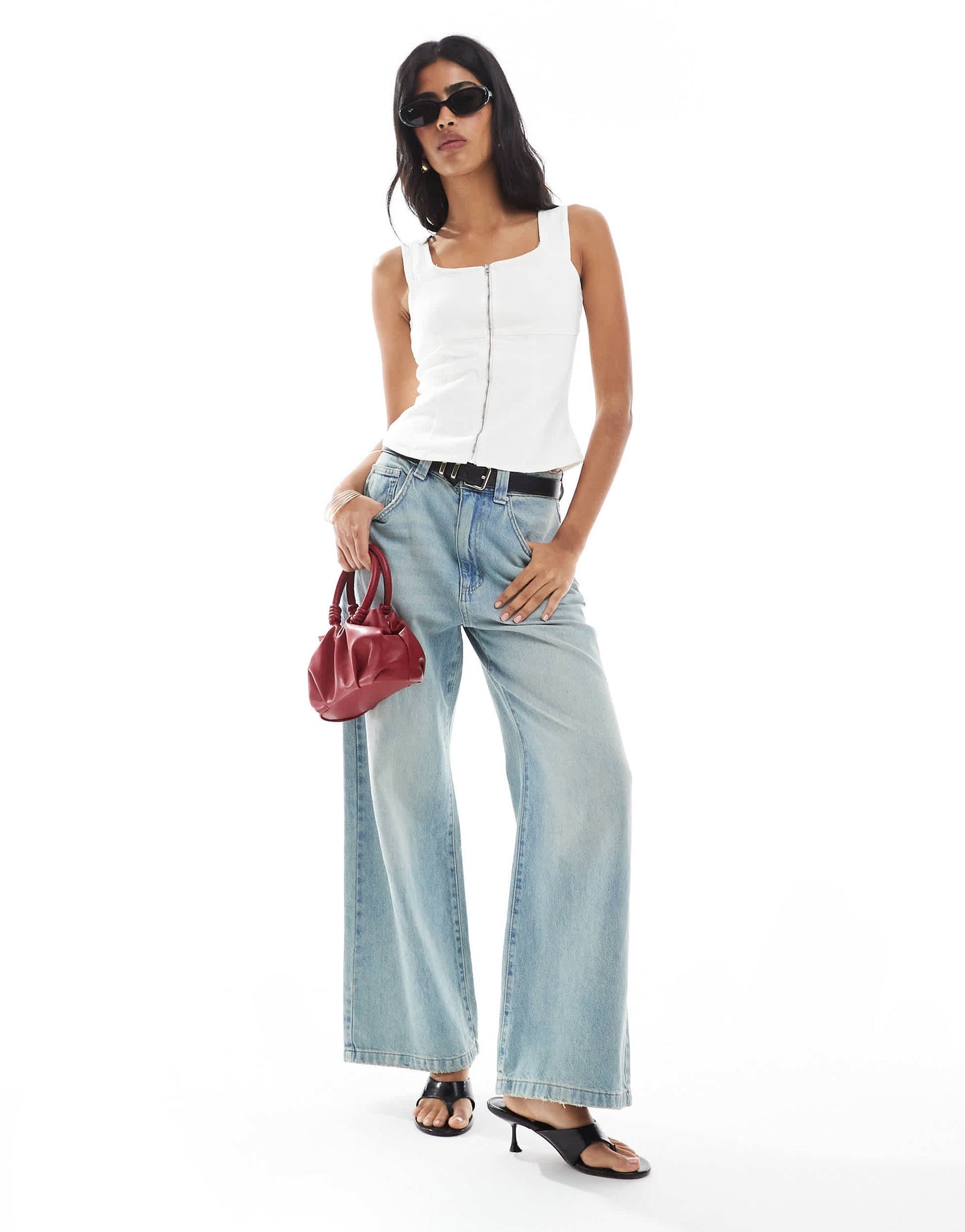 ASOS DESGIN denim zip through square neck top in ecru