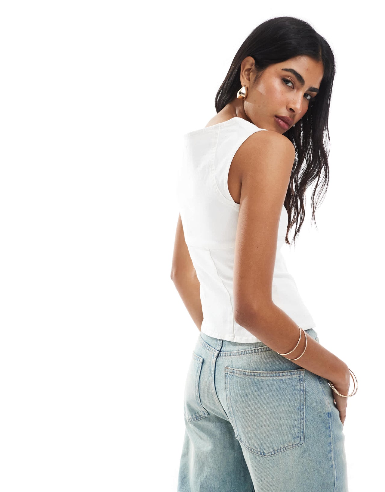 ASOS DESGIN denim zip through square neck top in ecru