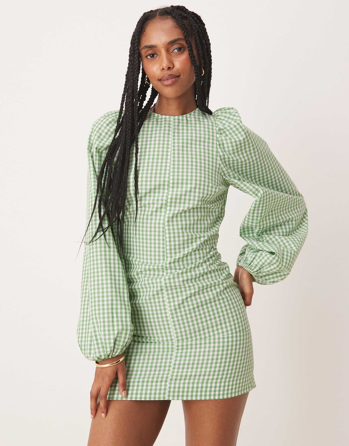 ASOS DESIGN fit and flare mini dress with tie back detail in green gingham
