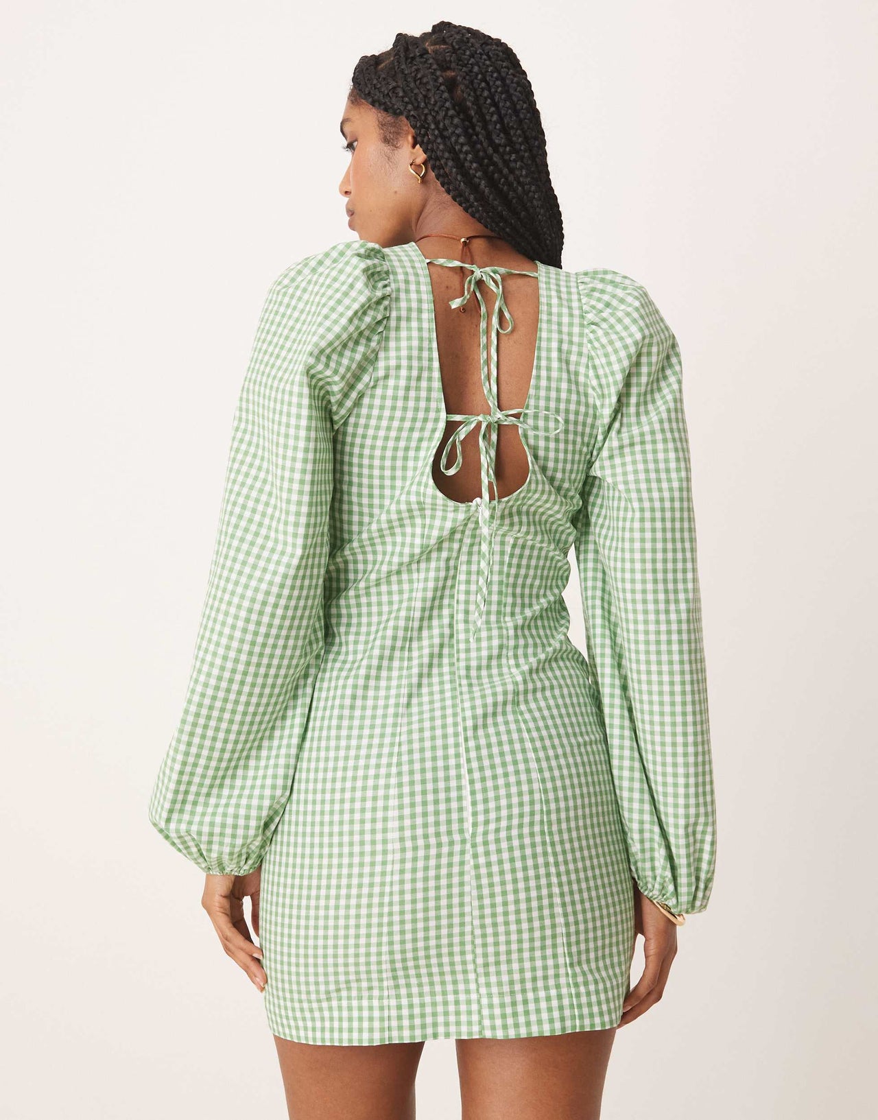ASOS DESIGN fit and flare mini dress with tie back detail in green gingham