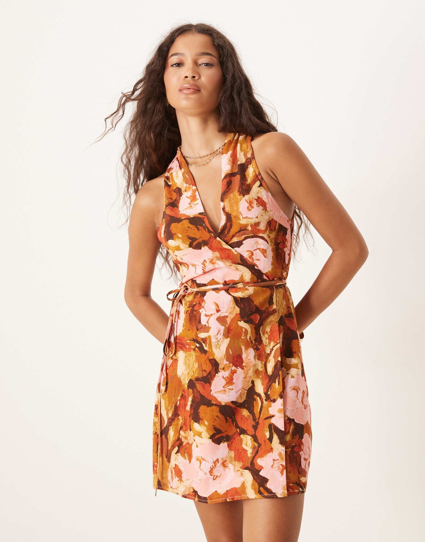 ASOS DESIGN linen look wrap mini dress with tie detail in brown floral