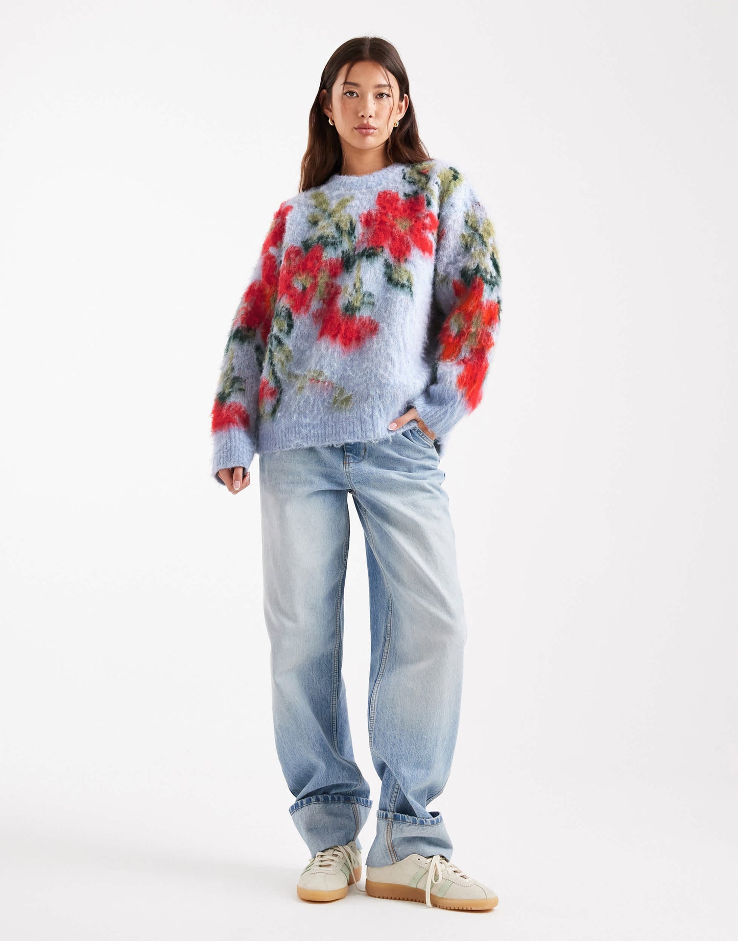 ASOS DESIGN blurred floral oversized crew neck jumper in blue