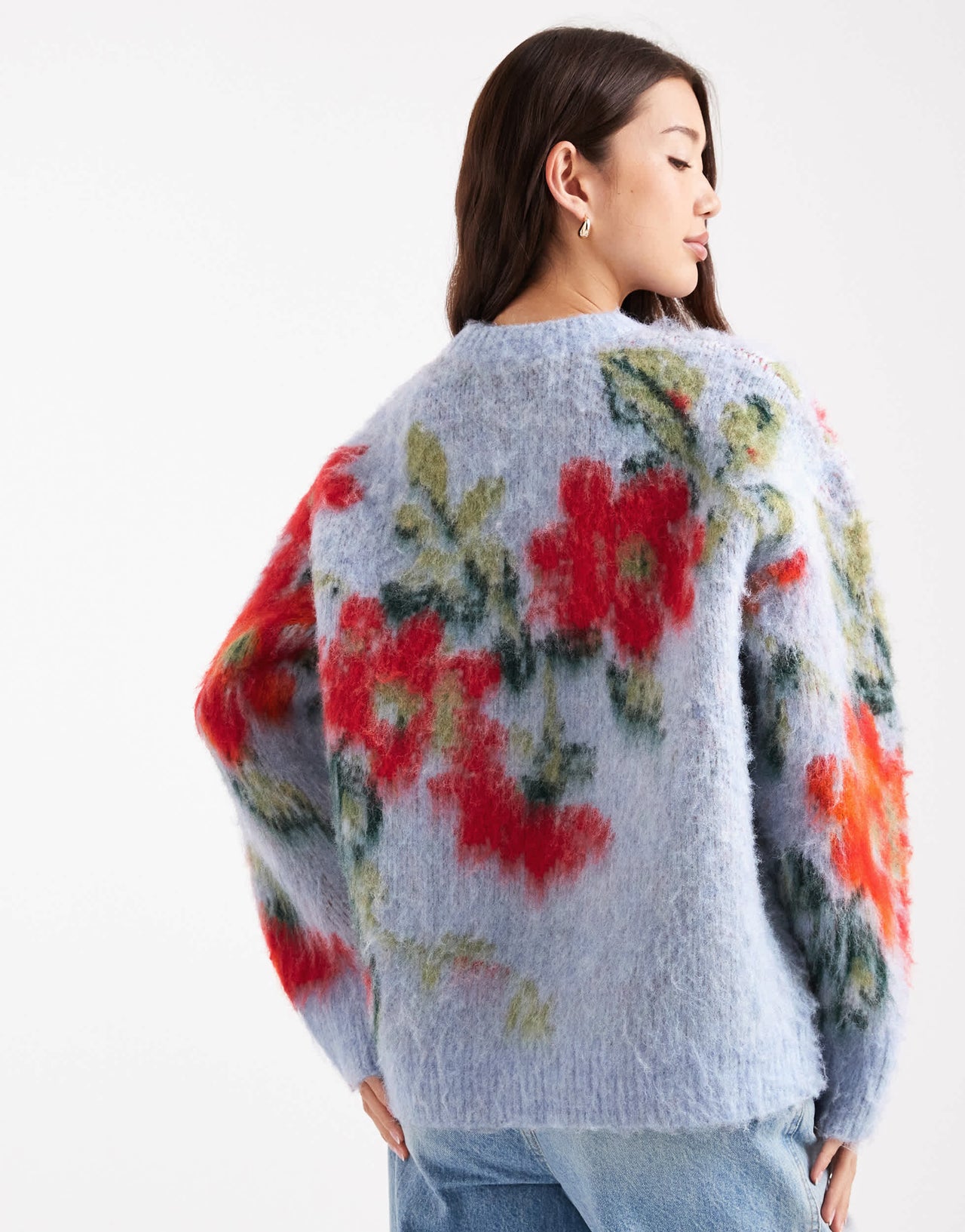 ASOS DESIGN blurred floral oversized crew neck jumper in blue
