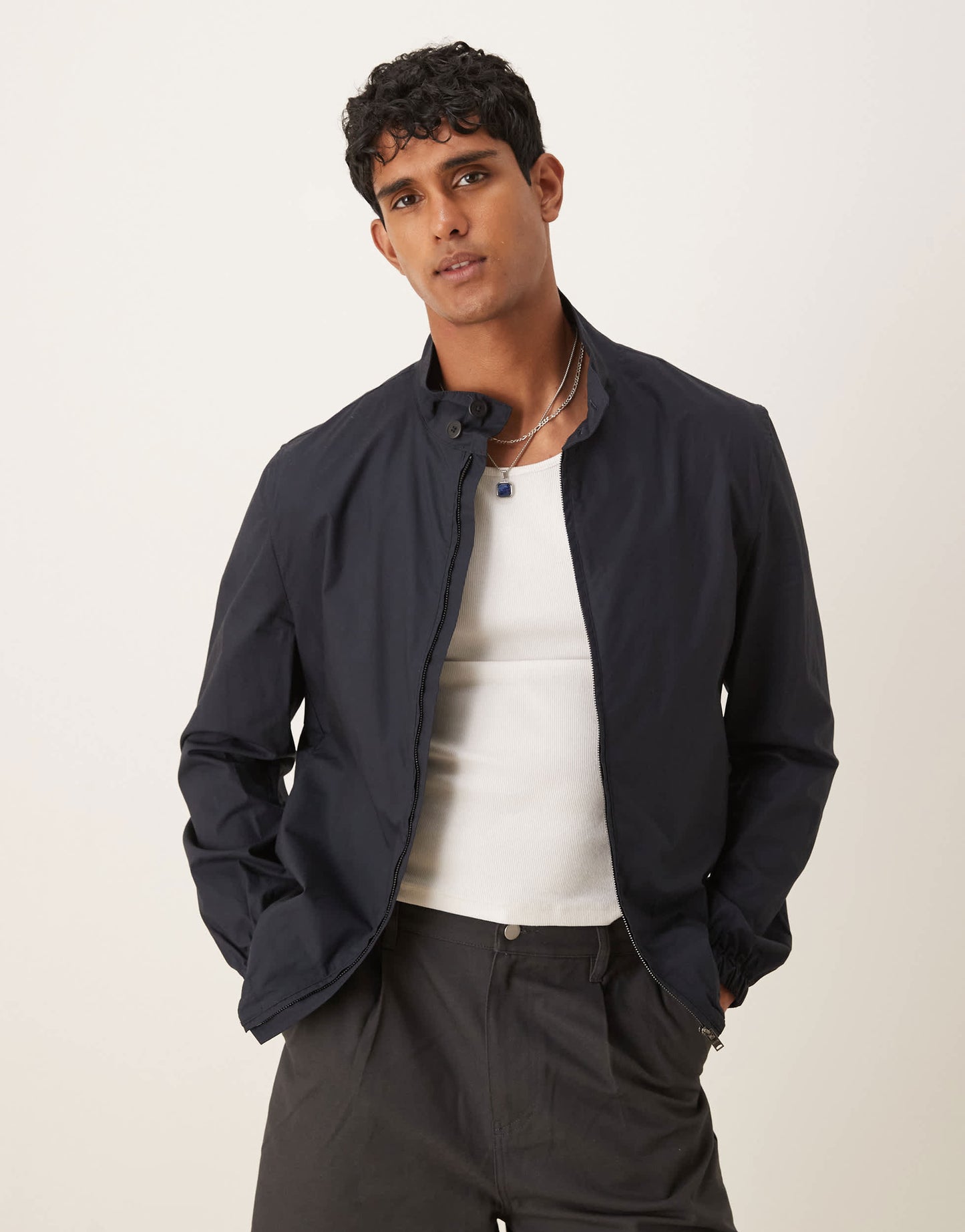 Mango cotton funnel neck jacket in navy
