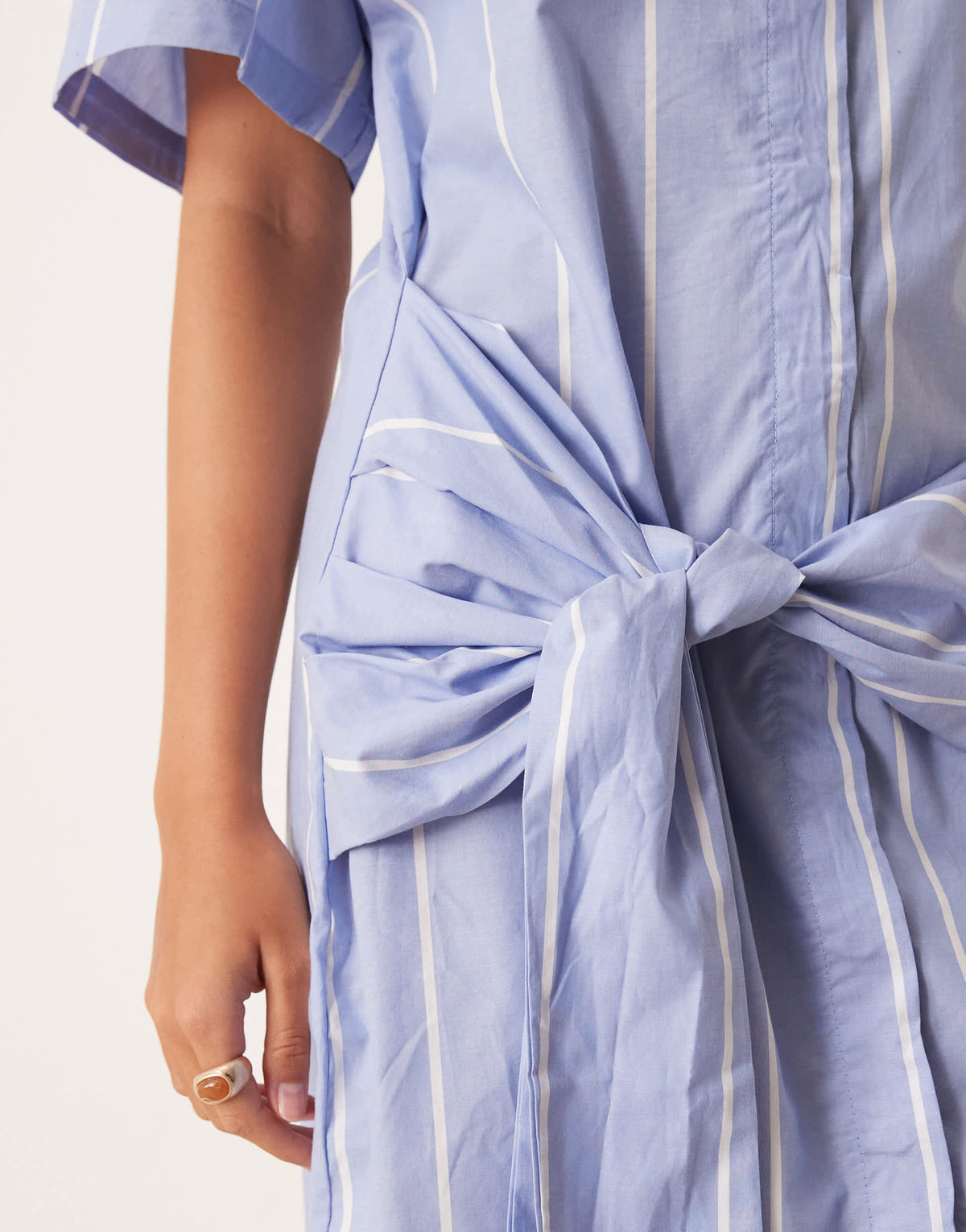 Mango cotton shirt dress with waist tie up in light blue stripe