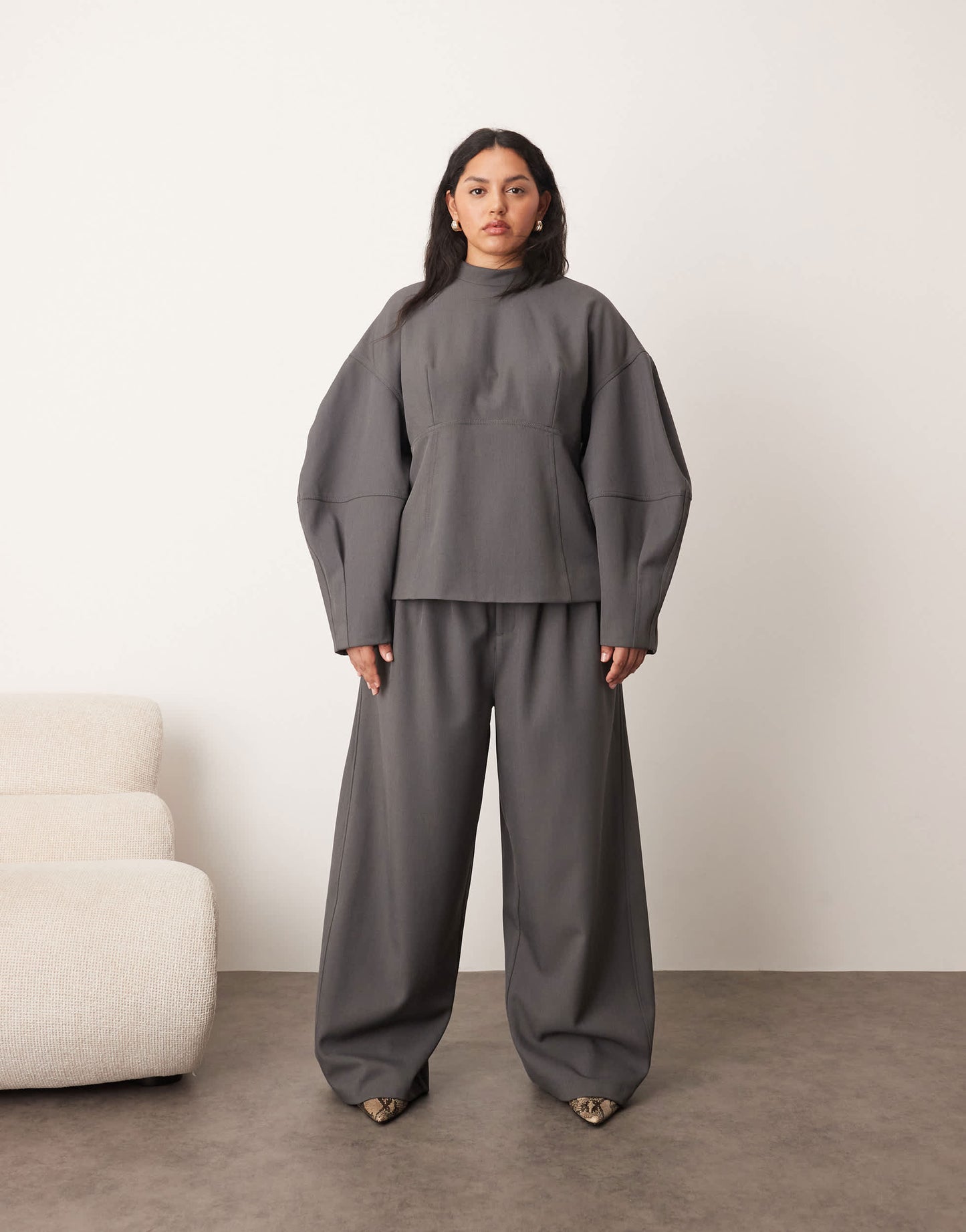ARRANGE Curve tailored pleated detail wide leg barrel co-ord trouser in grey