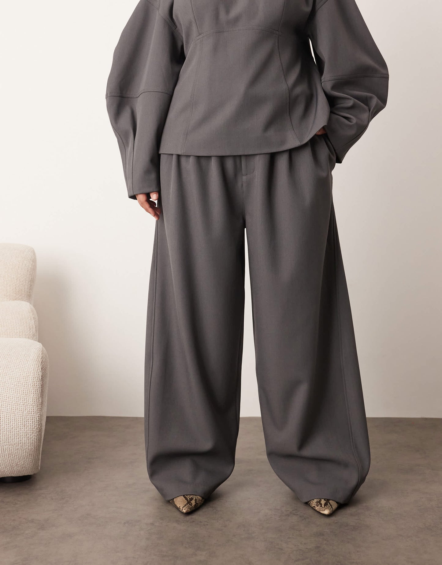 ARRANGE Curve tailored pleated detail wide leg barrel co-ord trouser in grey