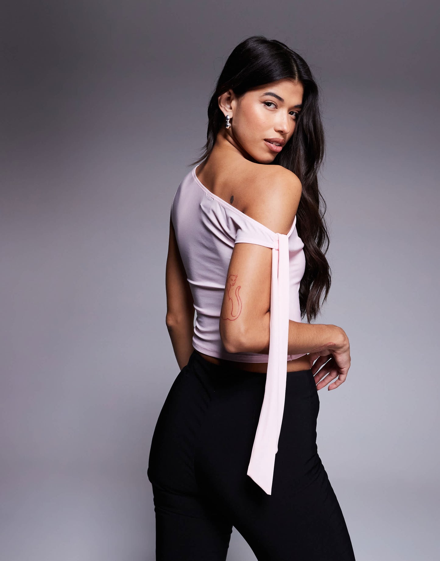 ASOS DESIGN slinky off the shoulder top with bow tie detail in pastel pink