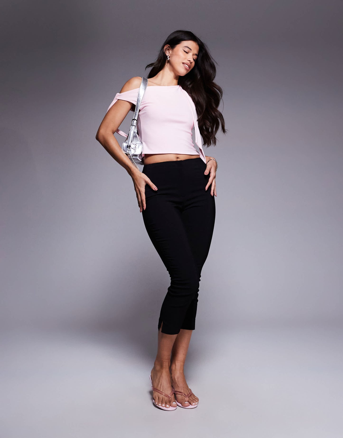 ASOS DESIGN slinky off the shoulder top with bow tie detail in pastel pink