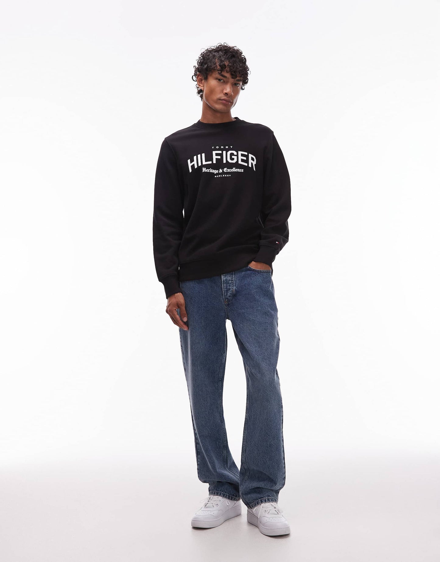 Tommy Hilfiger arch centre large logo crew neck sweatshirt in black