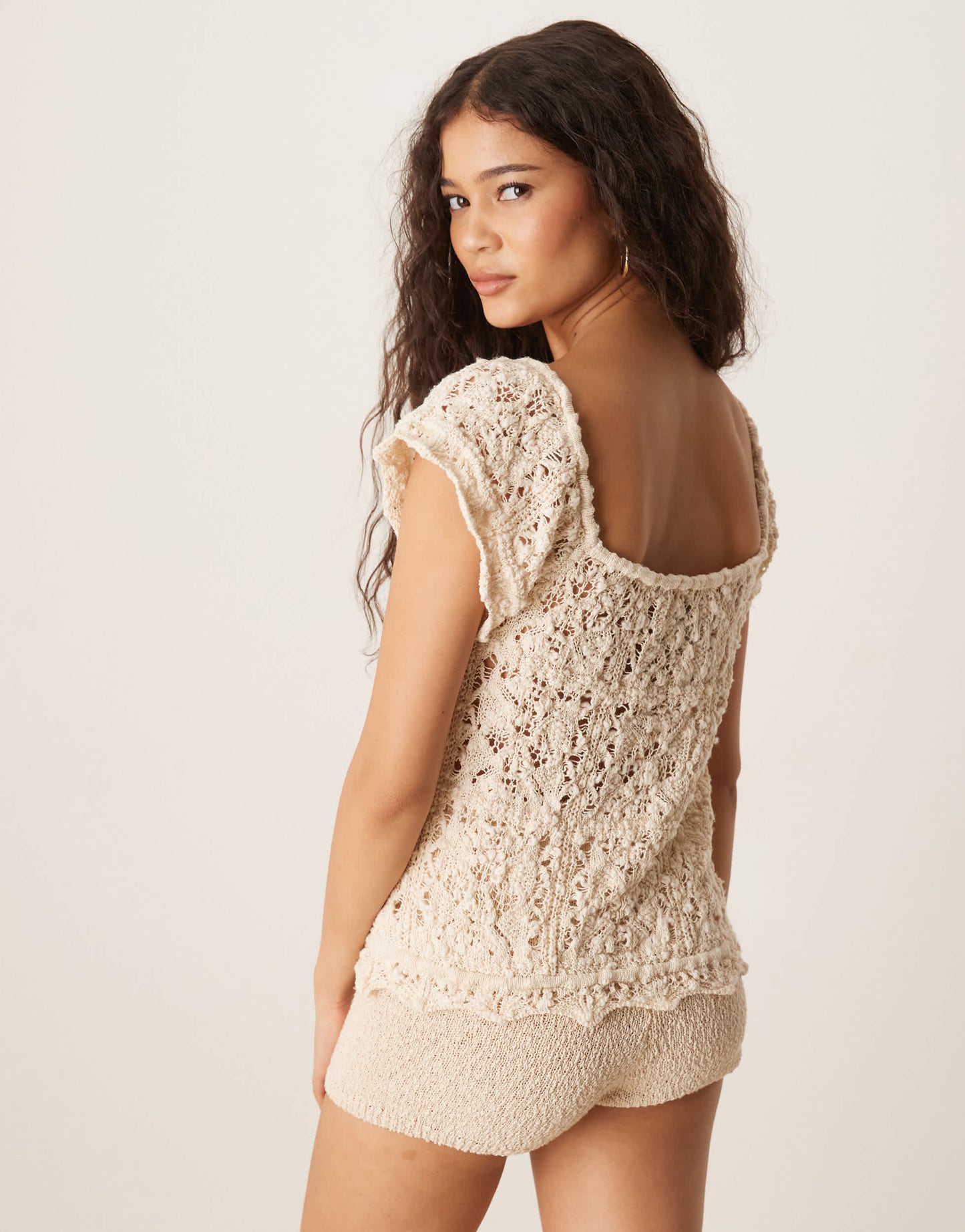 ASOS DESIGN pretty stitch flutter sleeve knitted top in cream