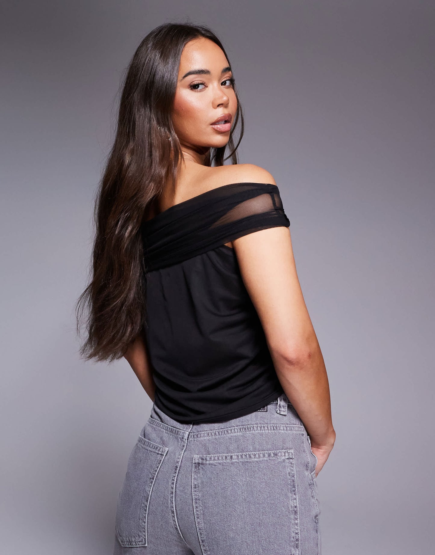 ASOS DESIGN ruched mesh bardot top with tie detail in black