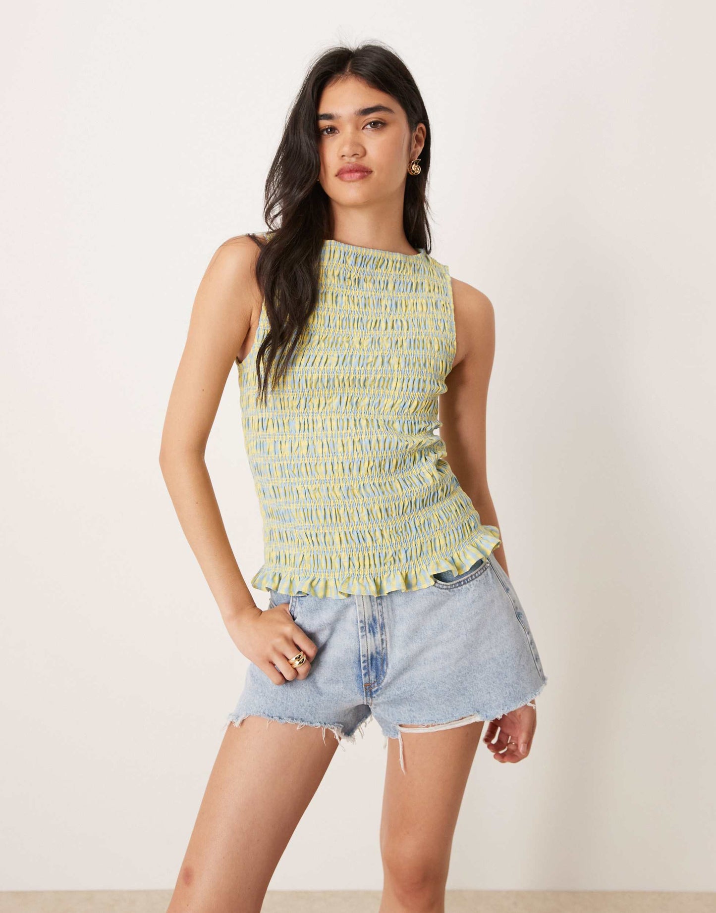 Amy Lynn Cher shirred top in yellow and blue check