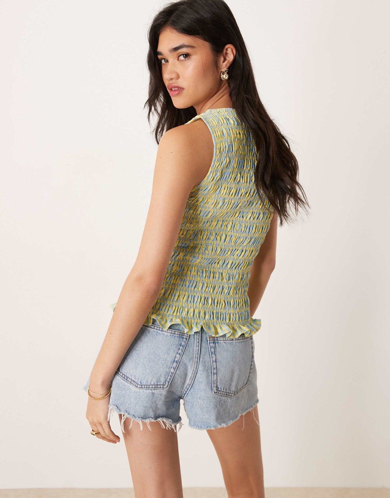 Amy Lynn Cher shirred top in yellow and blue check