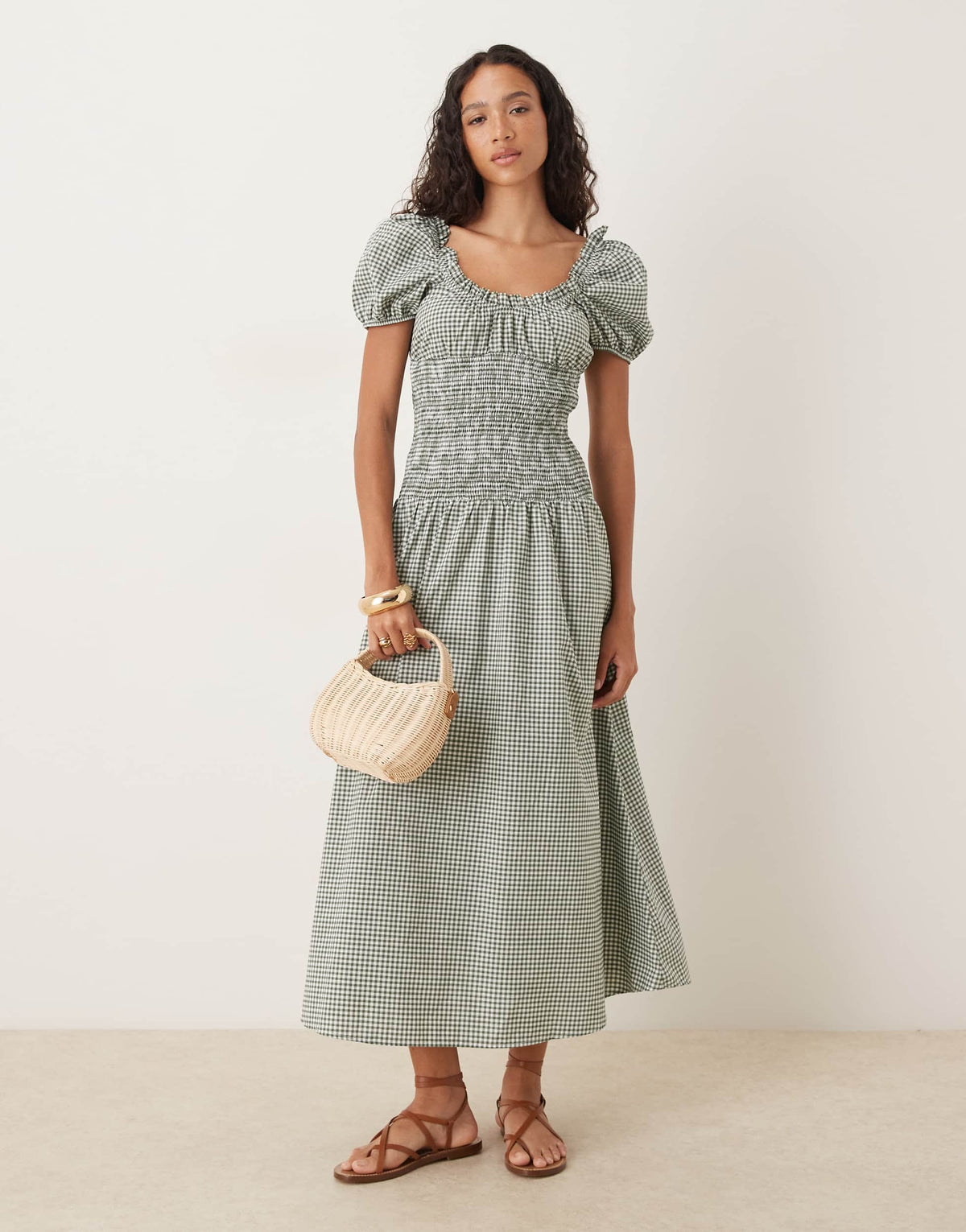ASOS DESIGN prarie maxi dress with gathered bust and shirred bodice in olive gingham