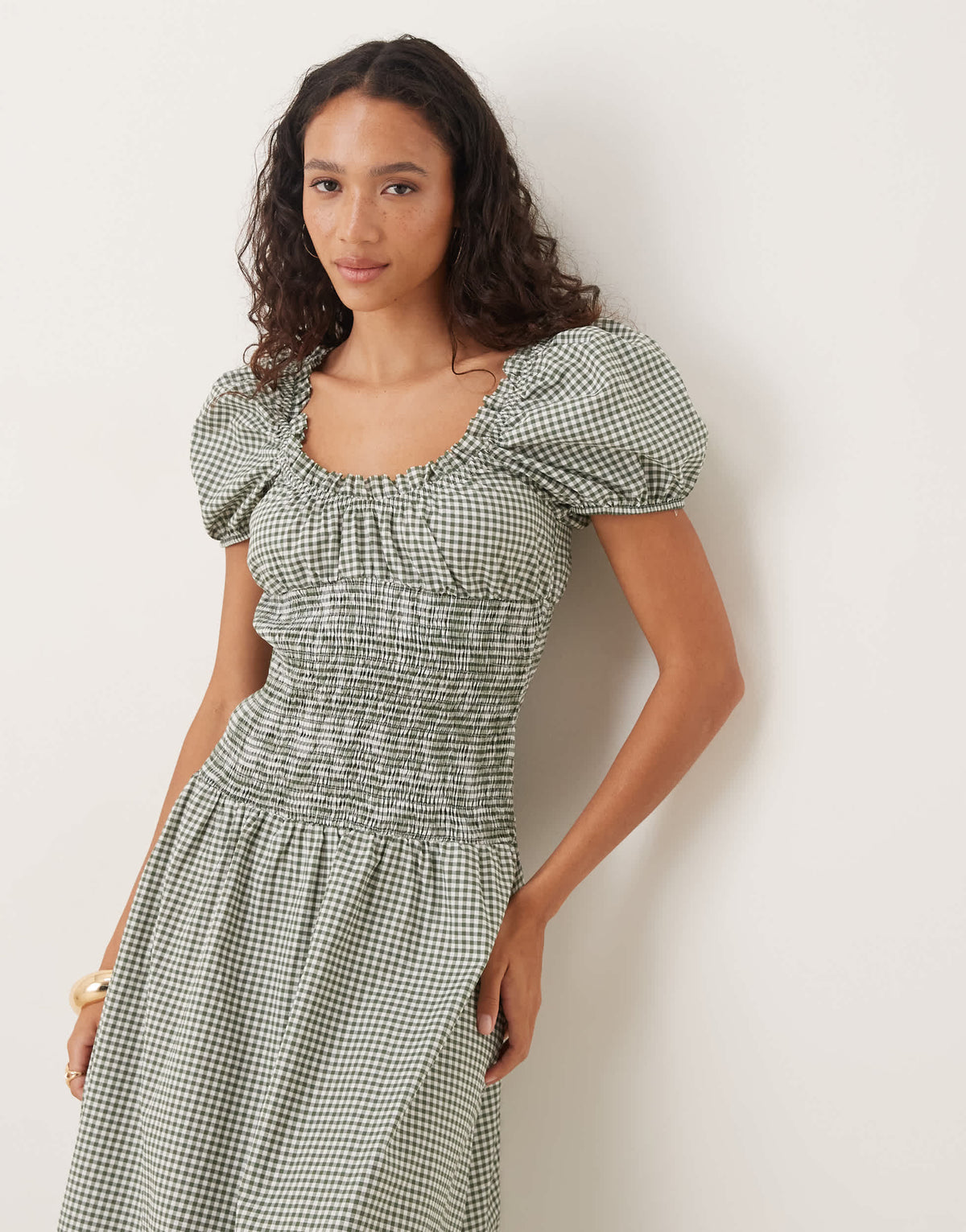 ASOS DESIGN prarie maxi dress with gathered bust and shirred bodice in olive gingham
