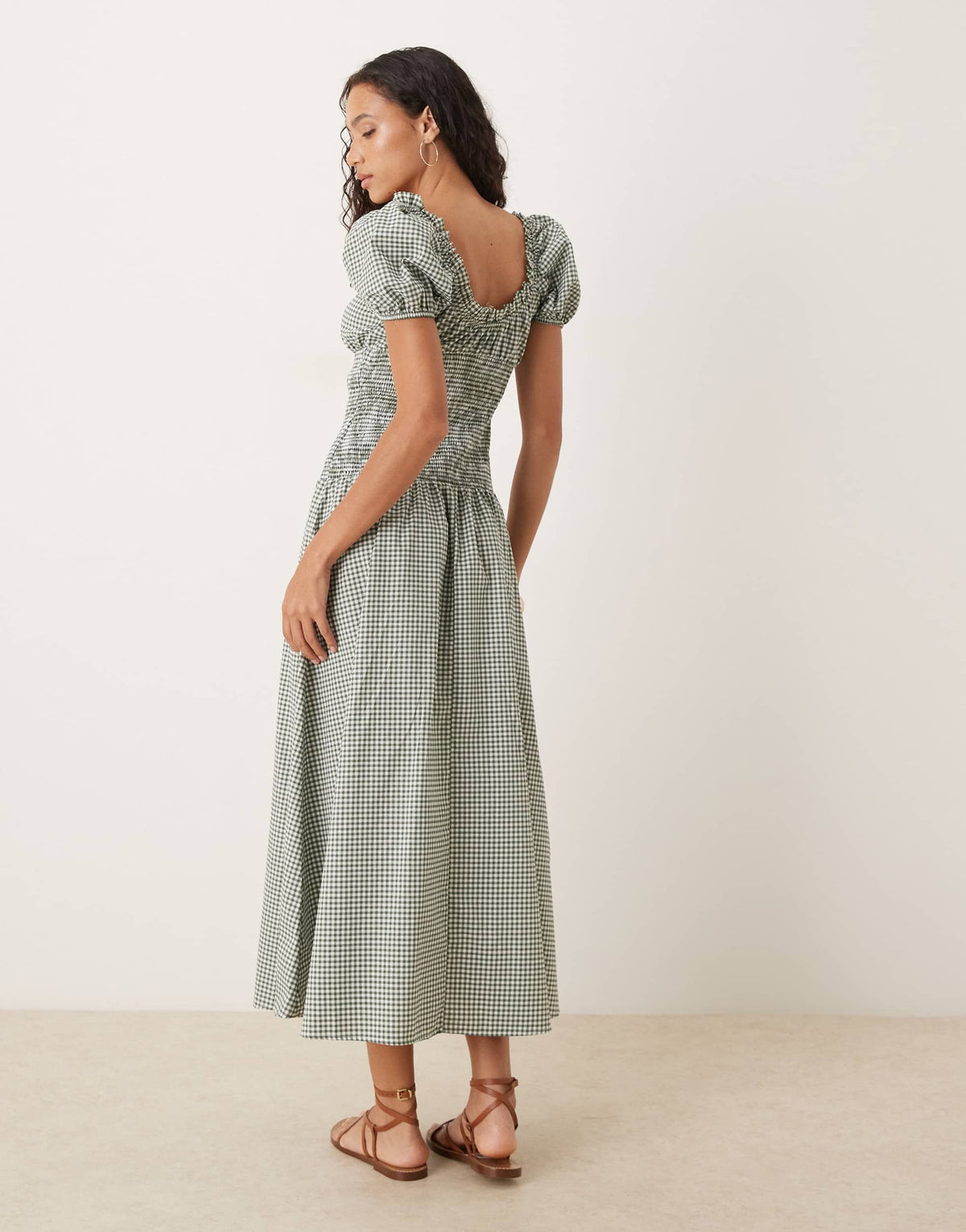 ASOS DESIGN prarie maxi dress with gathered bust and shirred bodice in olive gingham