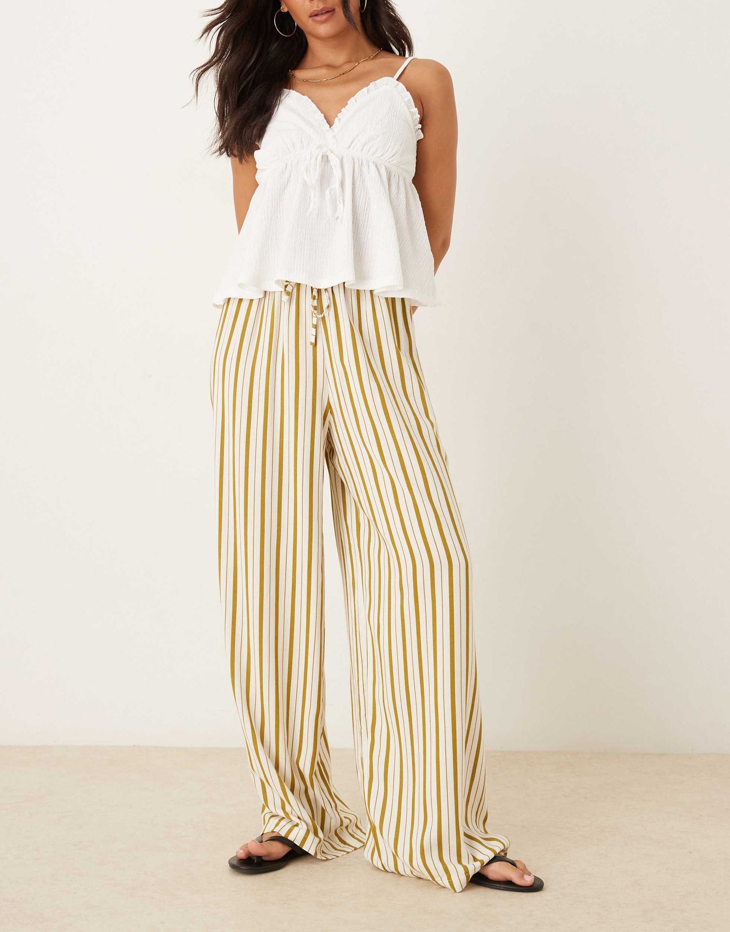 ASOS DESIGN linen blend pull on trouser in olive pinstripe