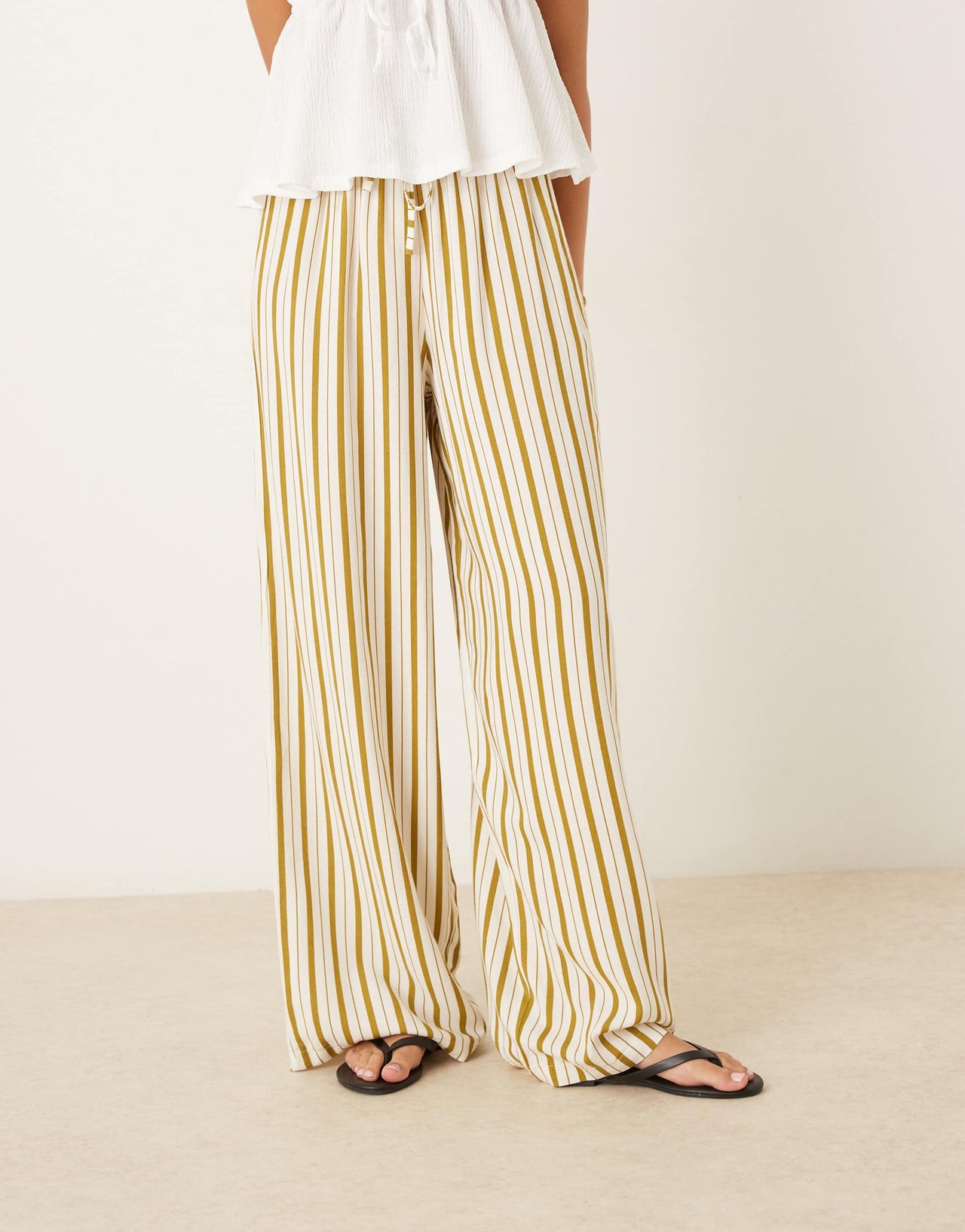 ASOS DESIGN linen blend pull on trouser in olive pinstripe