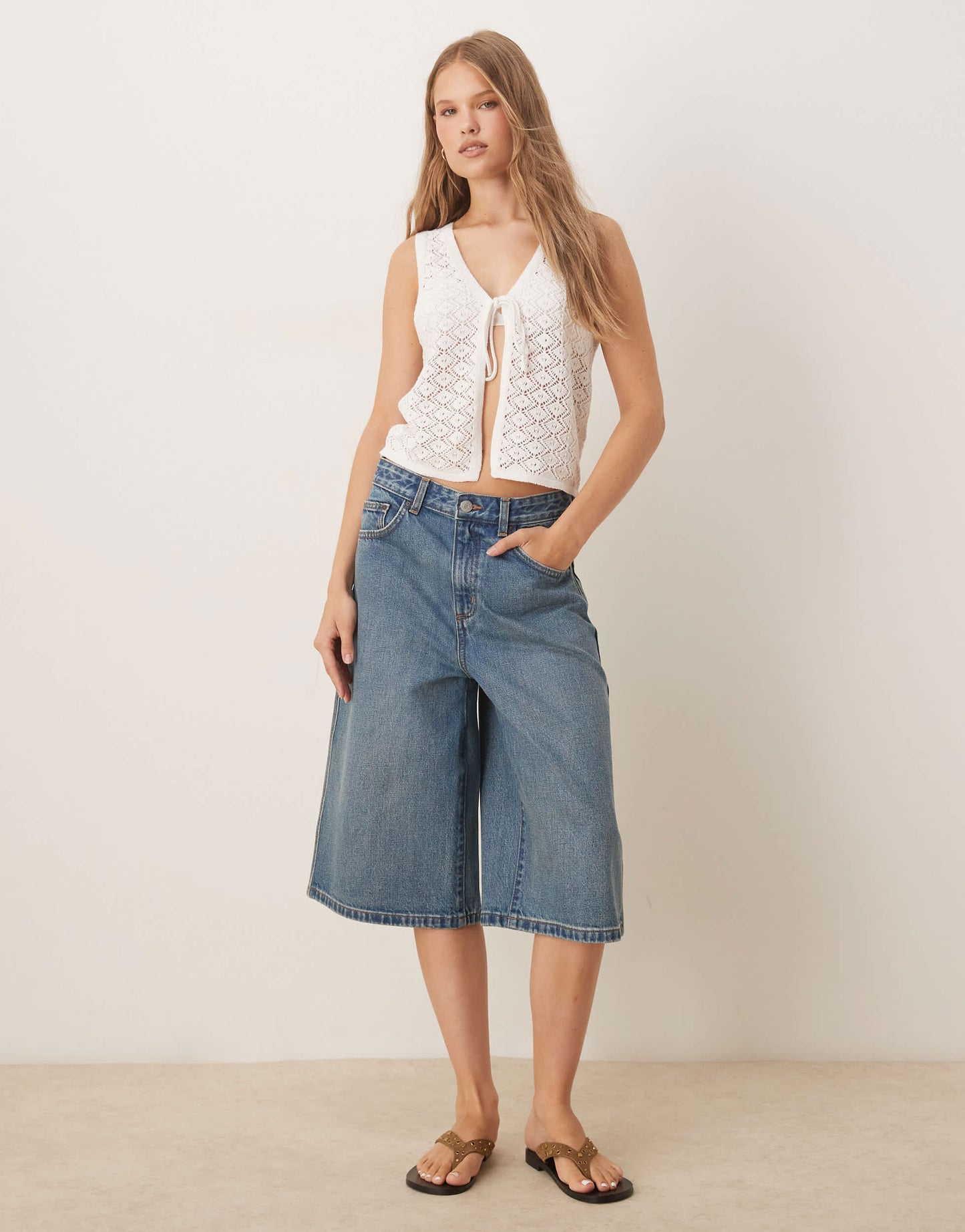 JDY crochet sleeveless tie front top in white