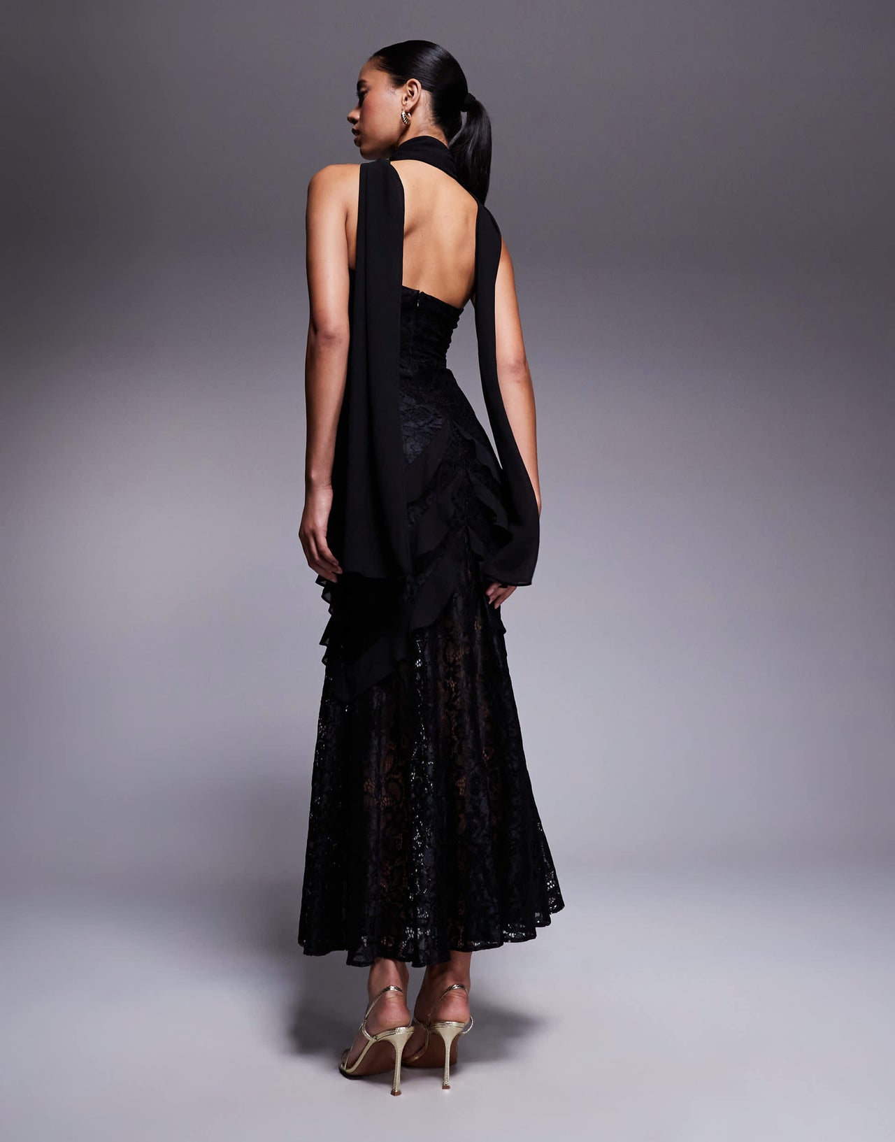 Forever New scarf neck ruffle lace maxi dress
