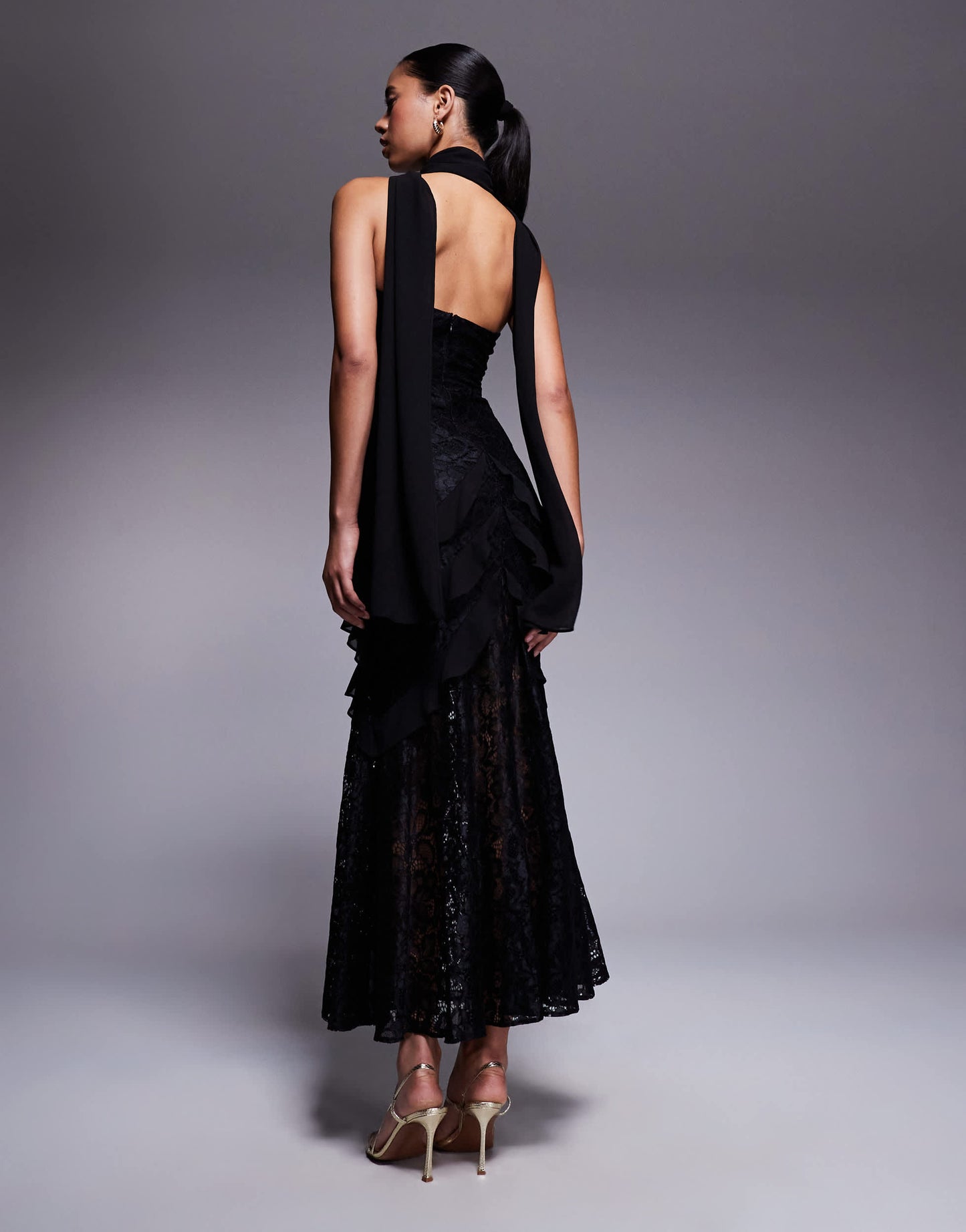 Forever New scarf neck ruffle lace maxi dress