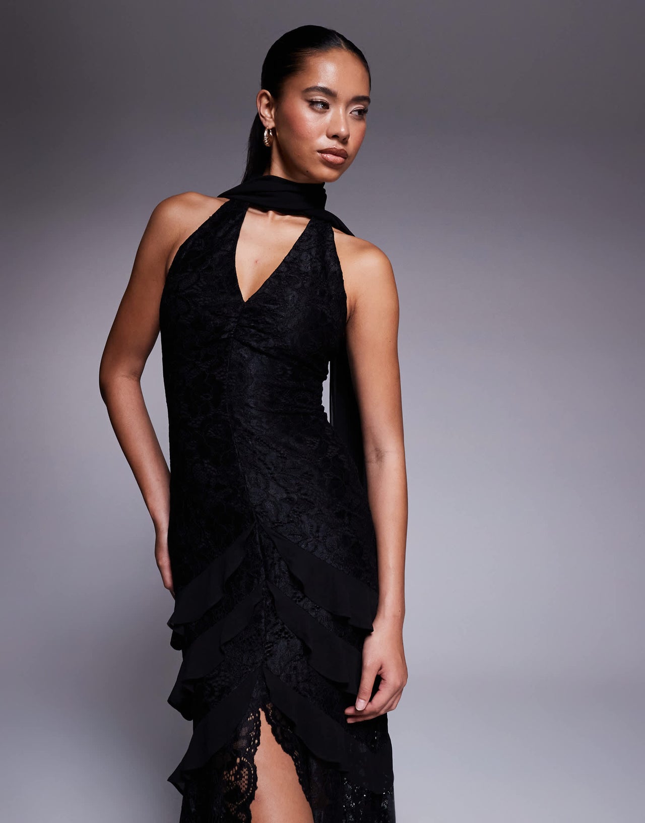 Forever New scarf neck ruffle lace maxi dress