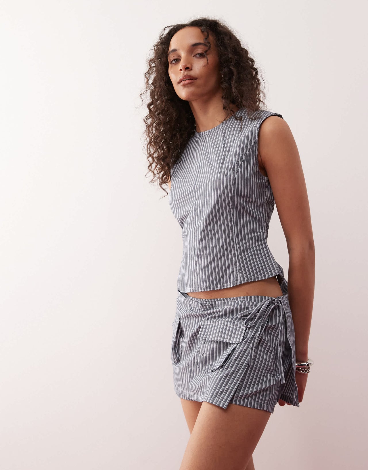 Lioness Countryside pocket detail tie side utility skort co-ord in charcoal stripe