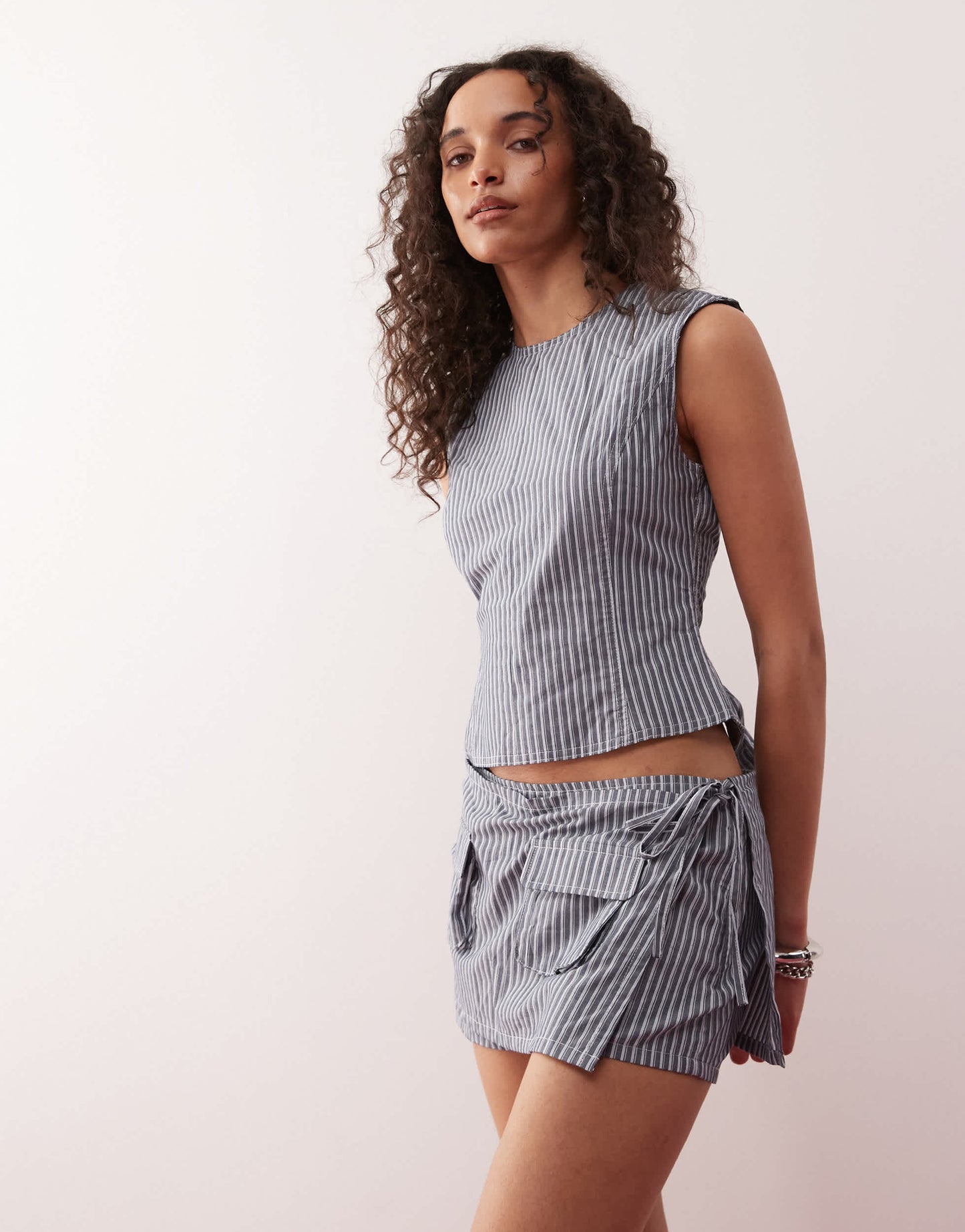 Lioness Countryside pocket detail tie side utility skort co-ord in charcoal stripe